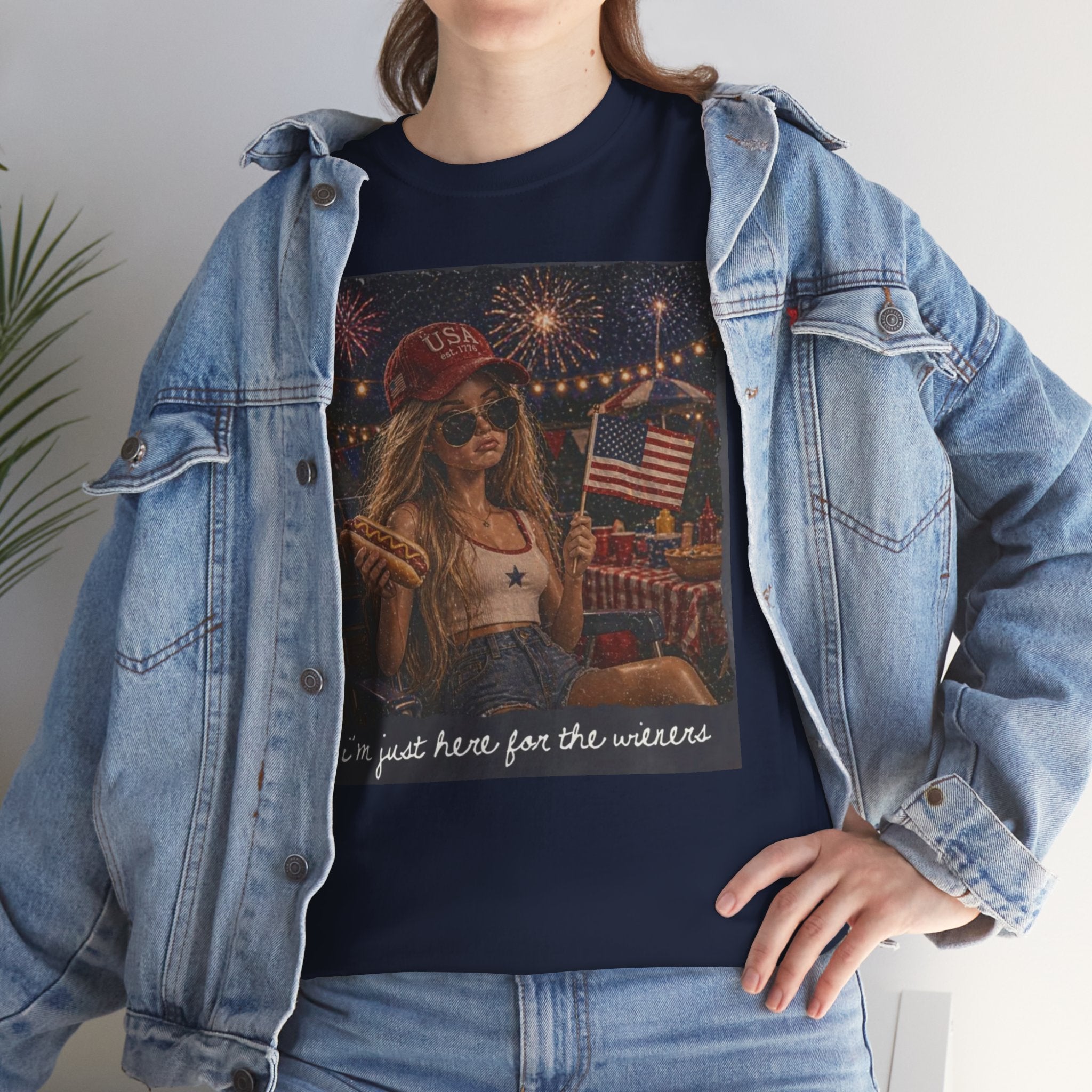 Patriotic Girl Graphic Tee — "I'm Just Here for the Fireworks" 4th of July Shirt