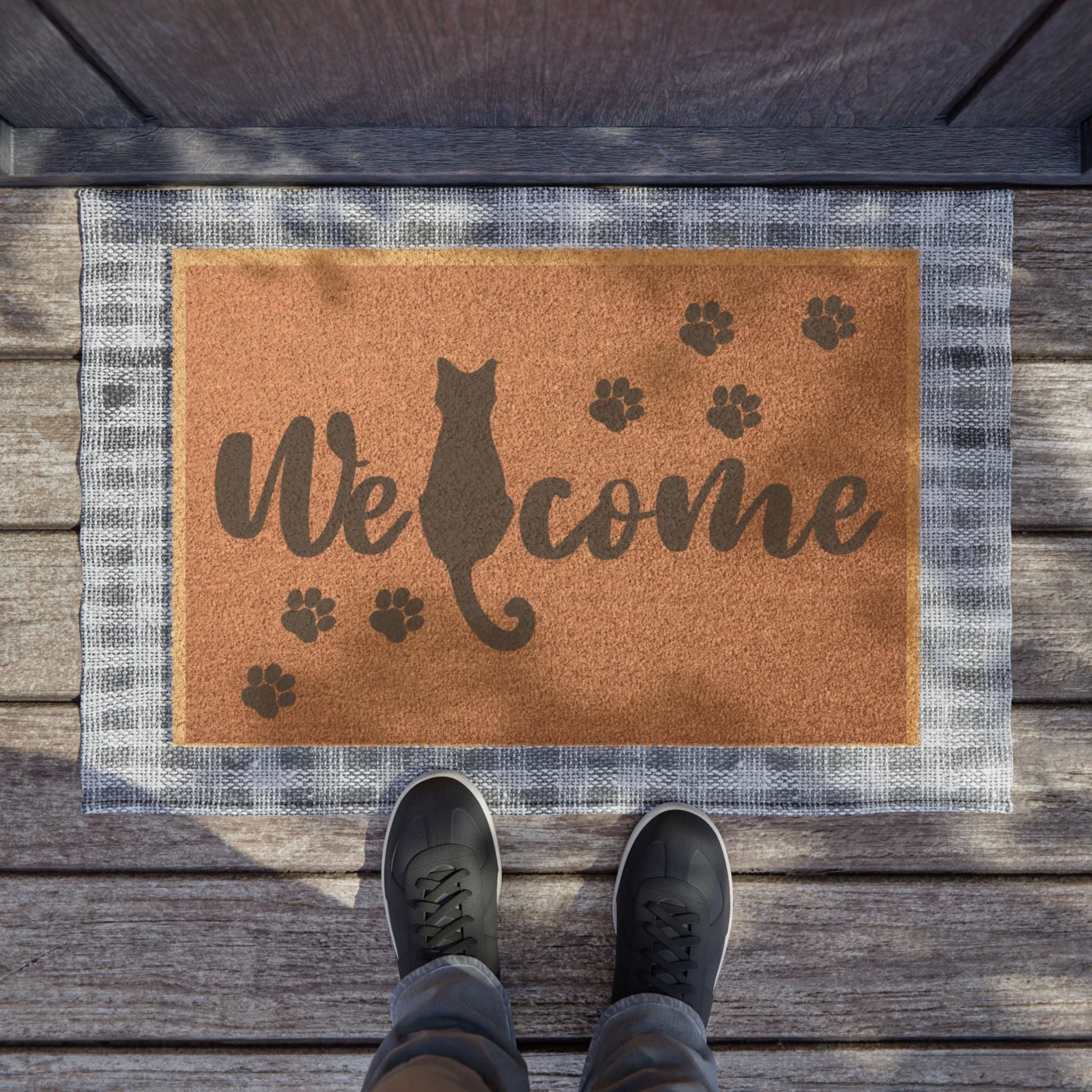 Cat Paw 'Welcome' Doormat — Cute Cat Silhouette & Paw Prints Entry Mat