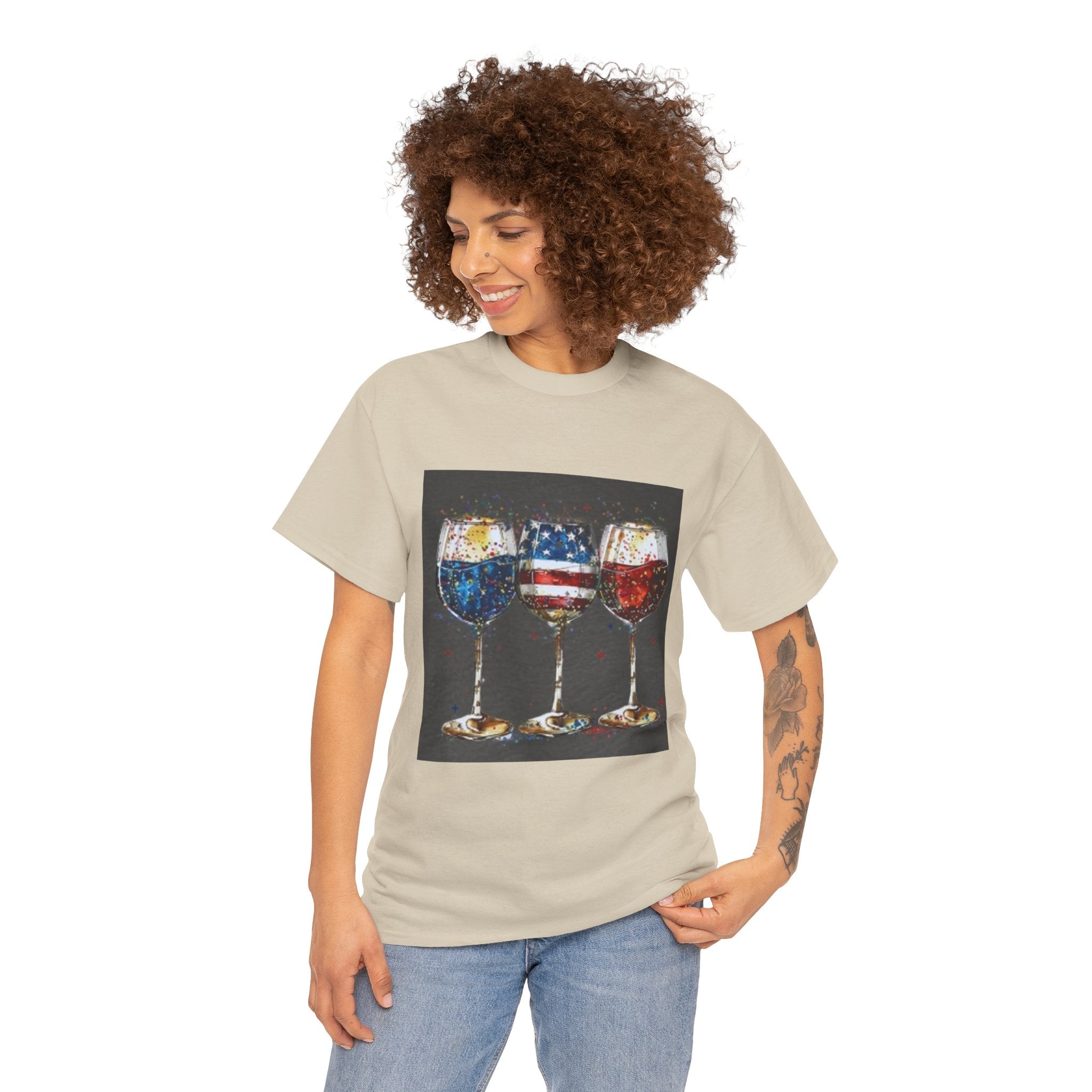 Wine Glasses with American Flag Design Tee