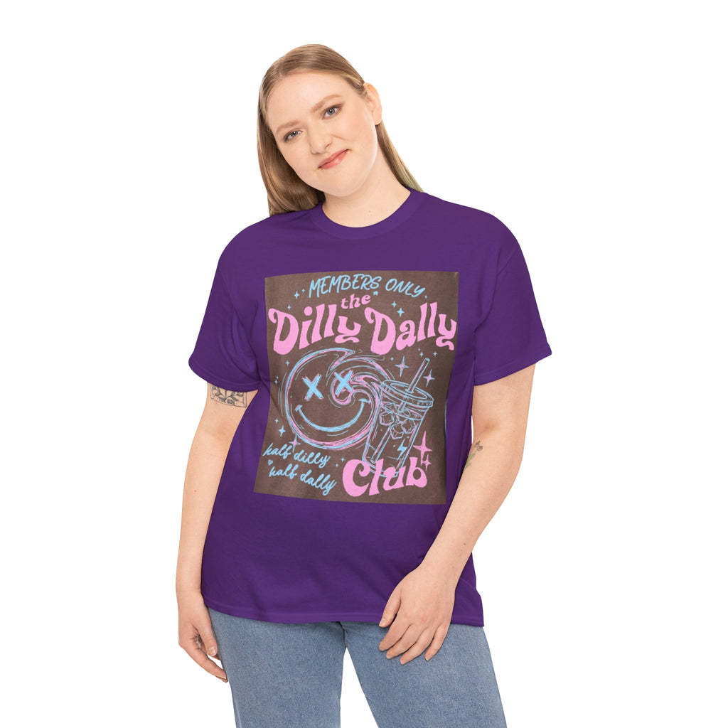 Dilly Dally Club Graphic Tee — Retro Pastel Drink & Moon Design