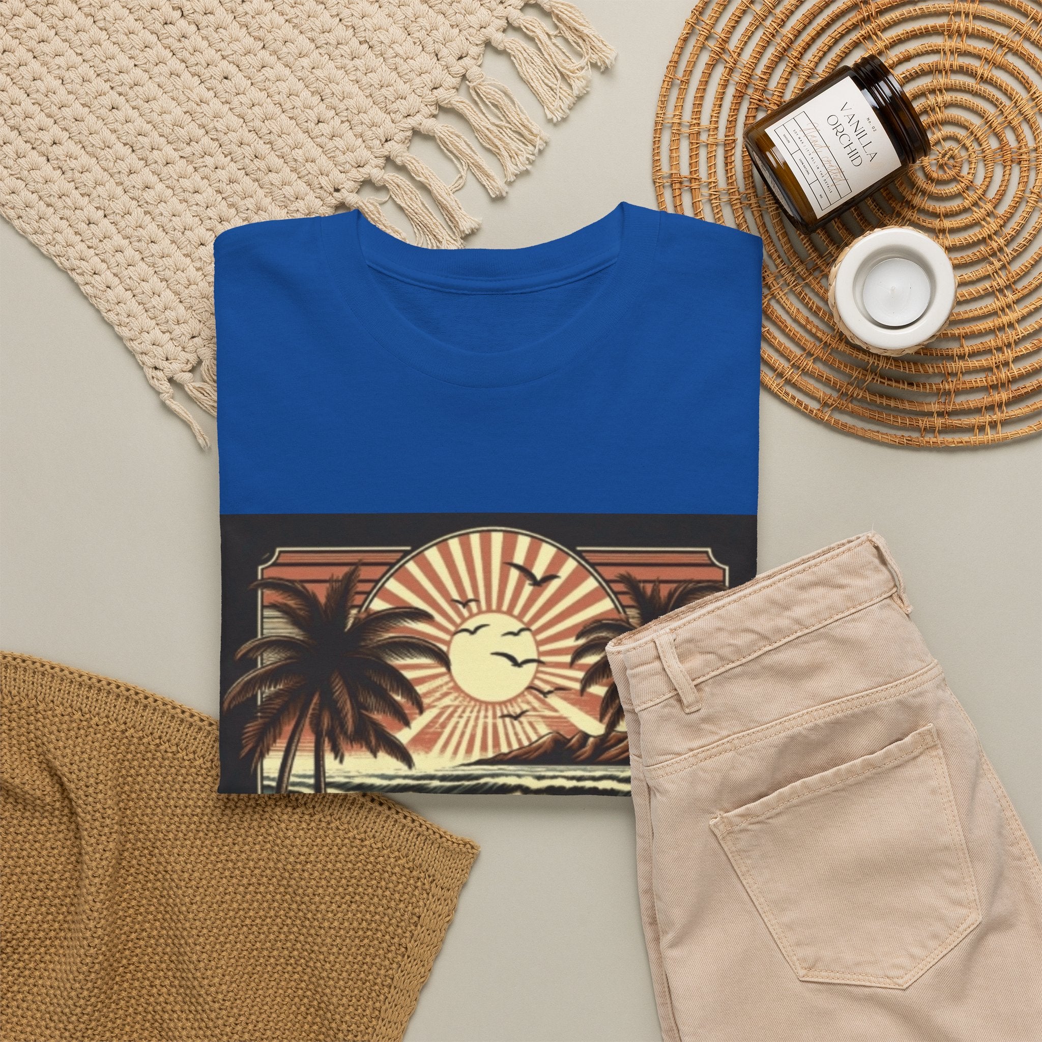 Retro Tropical Beach T-Shirt — Vintage Palm Sunset Graphic Tee