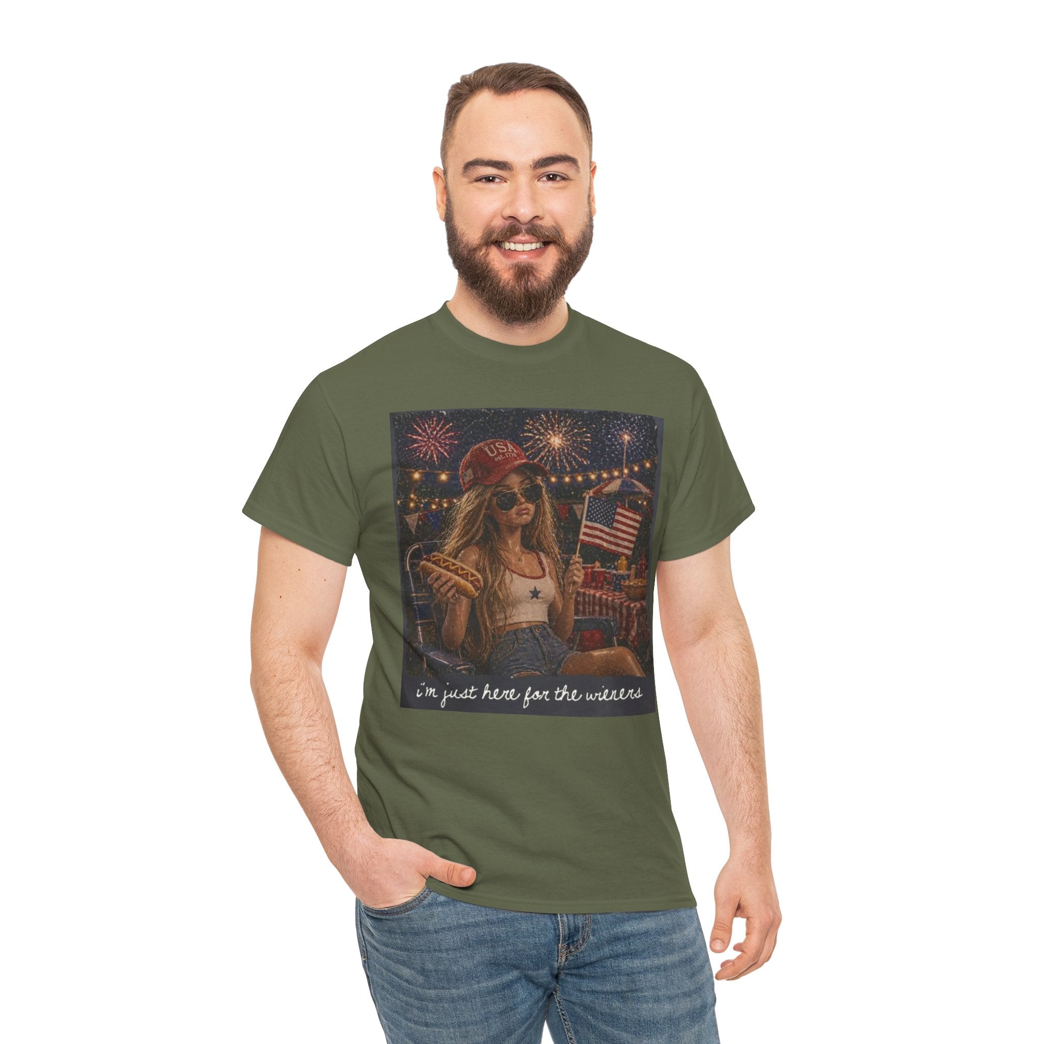 Patriotic Girl Graphic Tee — "I'm Just Here for the Fireworks" 4th of July Shirt