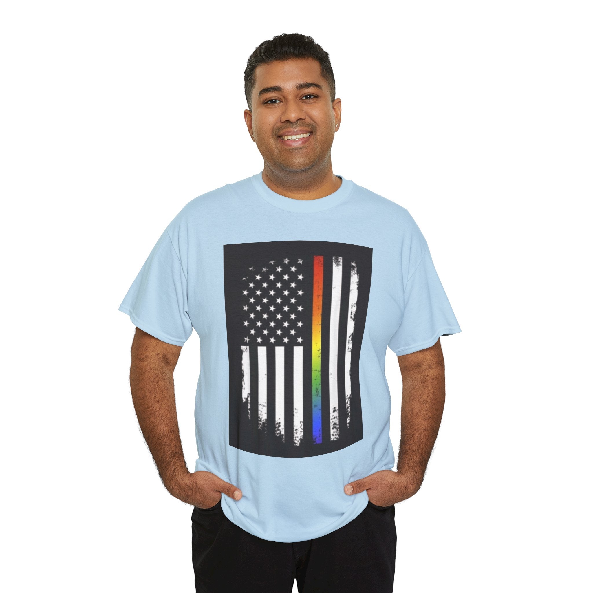 LGBTQ+ Pride Flag T‑Shirt — Distressed American Flag with Rainbow Stripe
