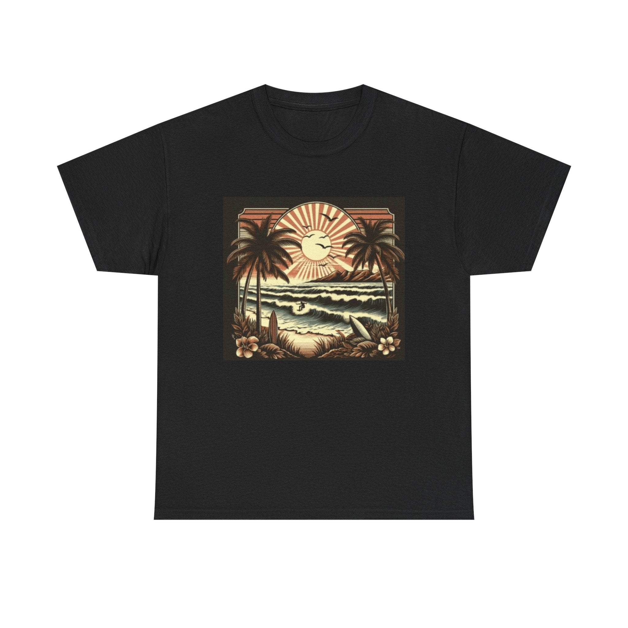 Retro Tropical Beach T-Shirt — Vintage Palm Sunset Graphic Tee