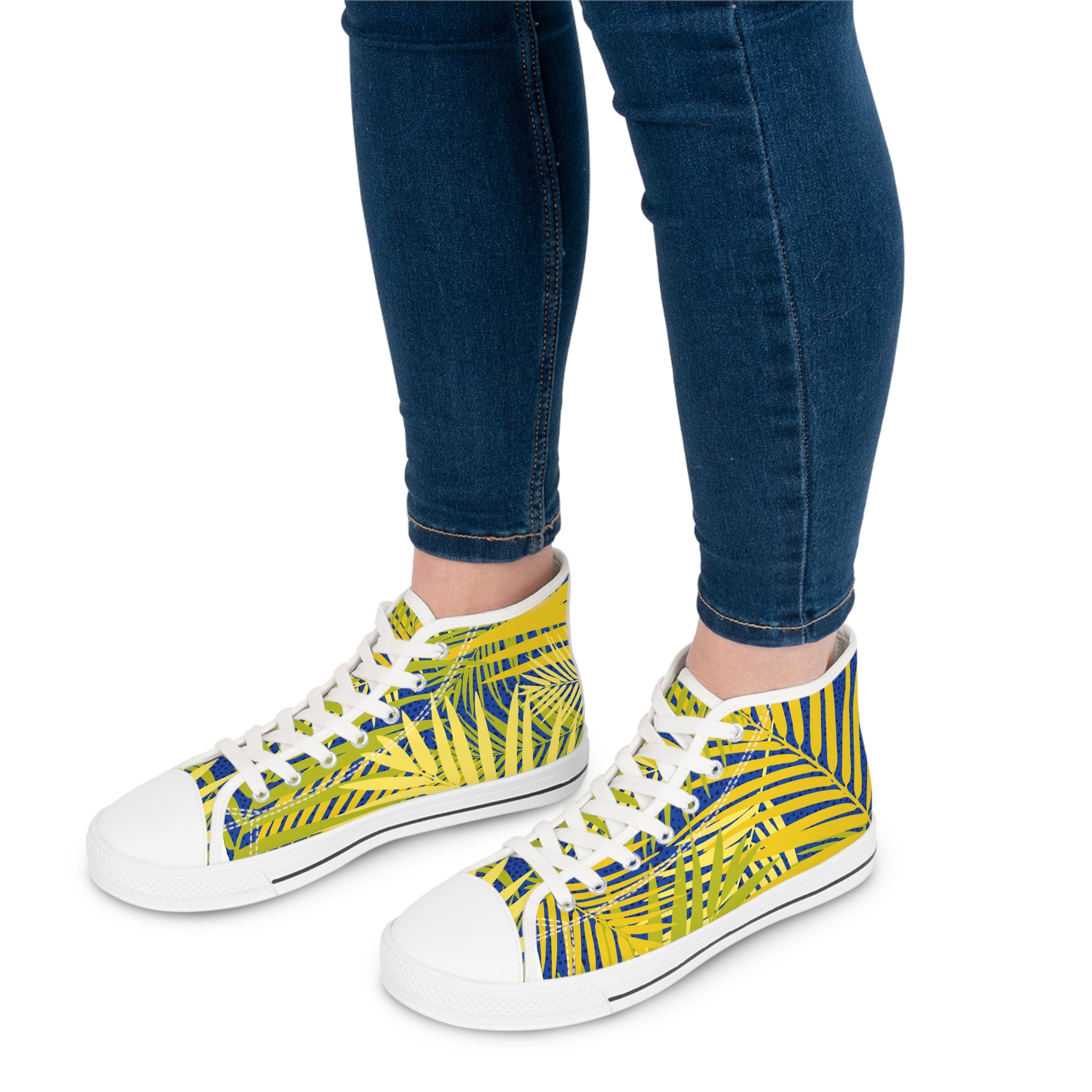 Tropical Palm High-Top Sneakers — Yellow & Blue Palm Leaf Women's Canvas Shoes