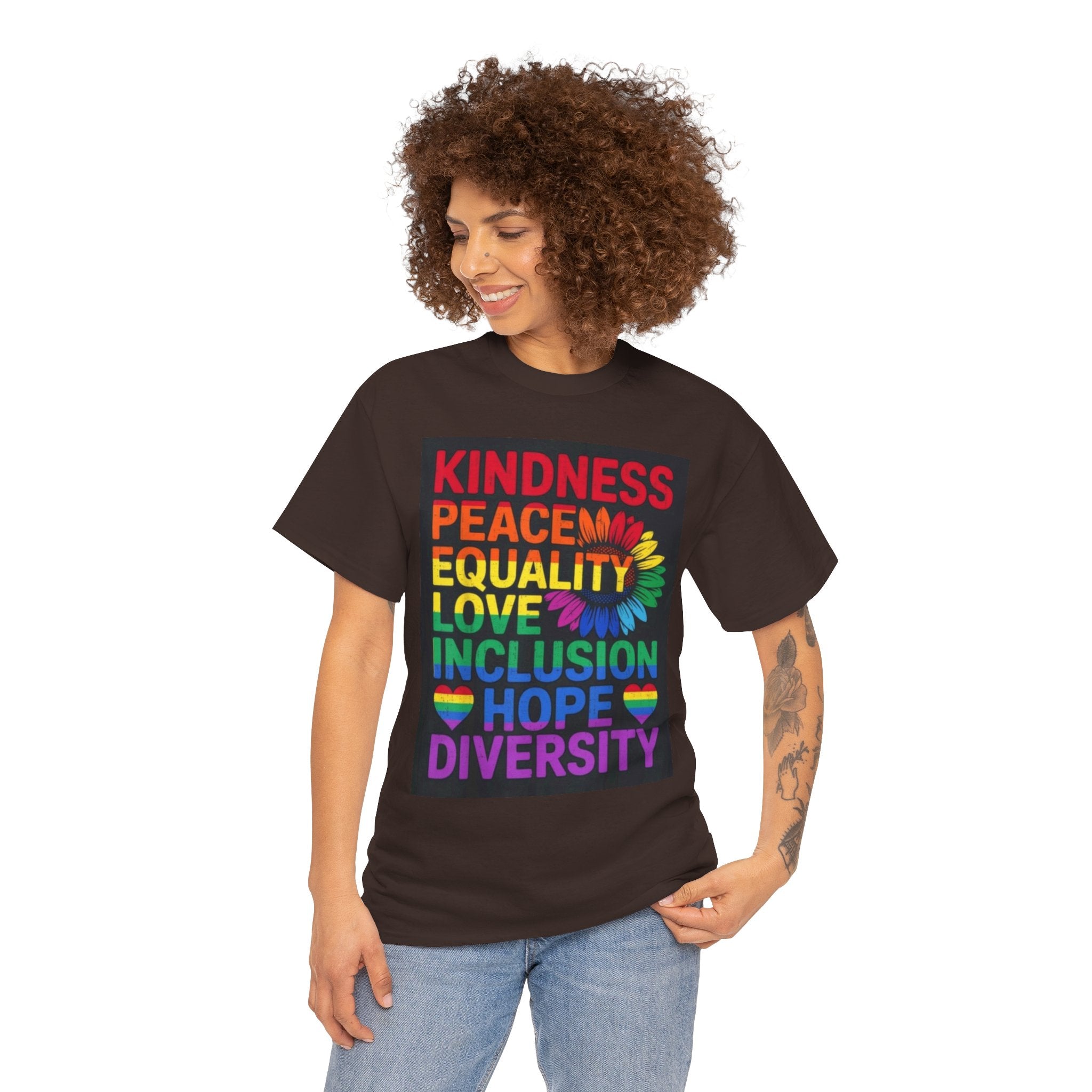 Kindness Peace Equality Rainbow T-Shirt — Pride Inclusion & Diversity Tee