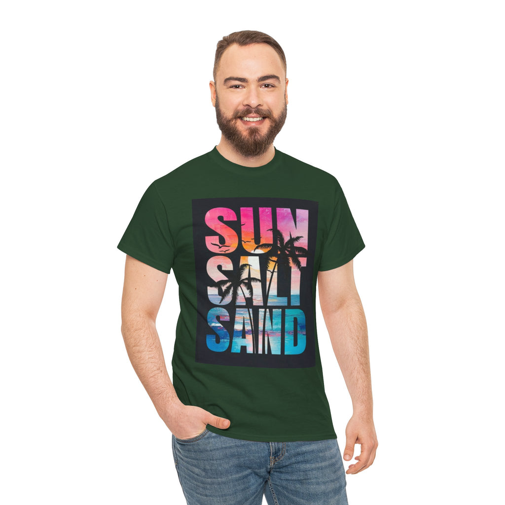Sun Salt Sand Beach T-Shirt — Tropical Palm Sunset Graphic Tee