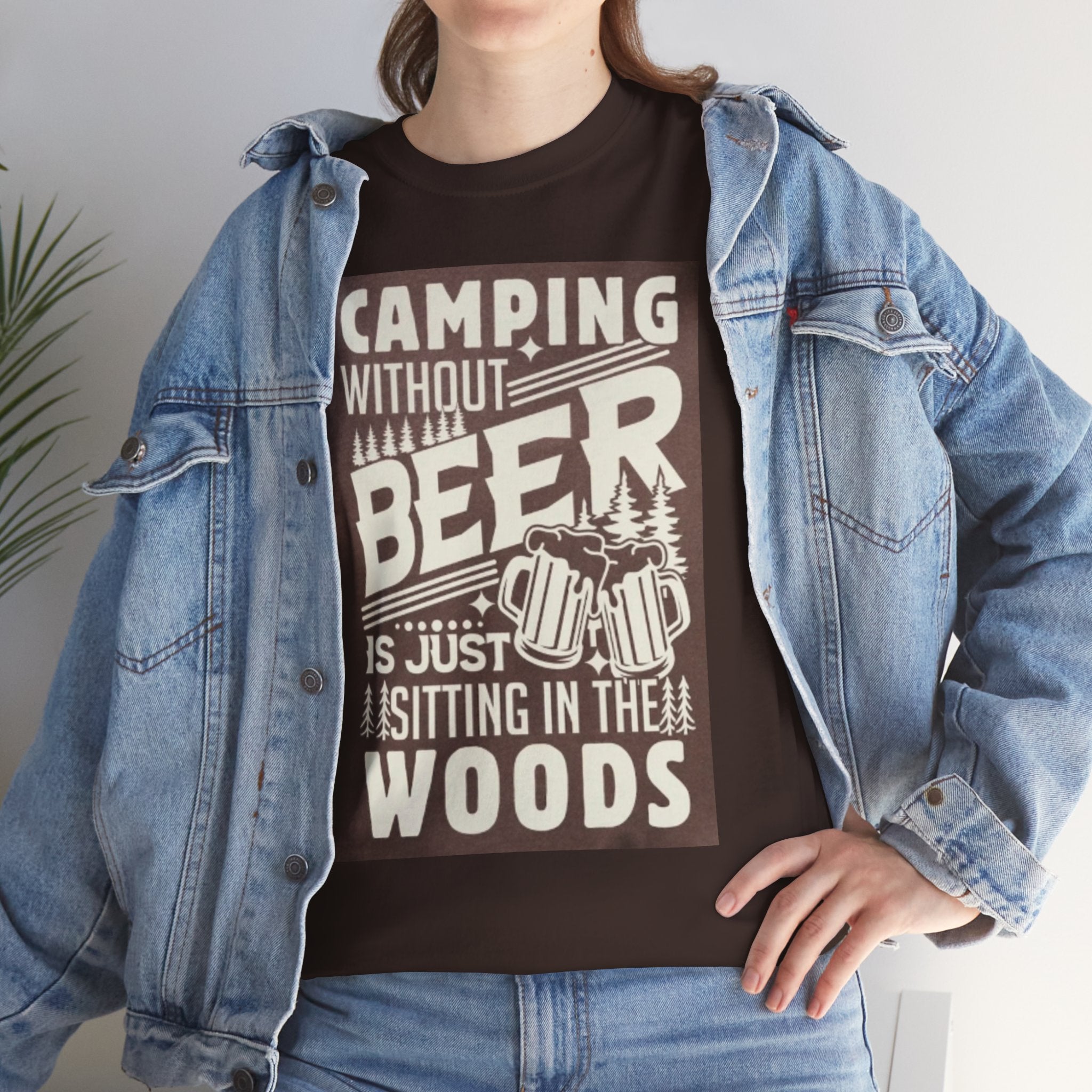 Camping Beer T-Shirt — "Camping Without Beer Is Just Sitting in the Woods" Outdoor Campfire Tee