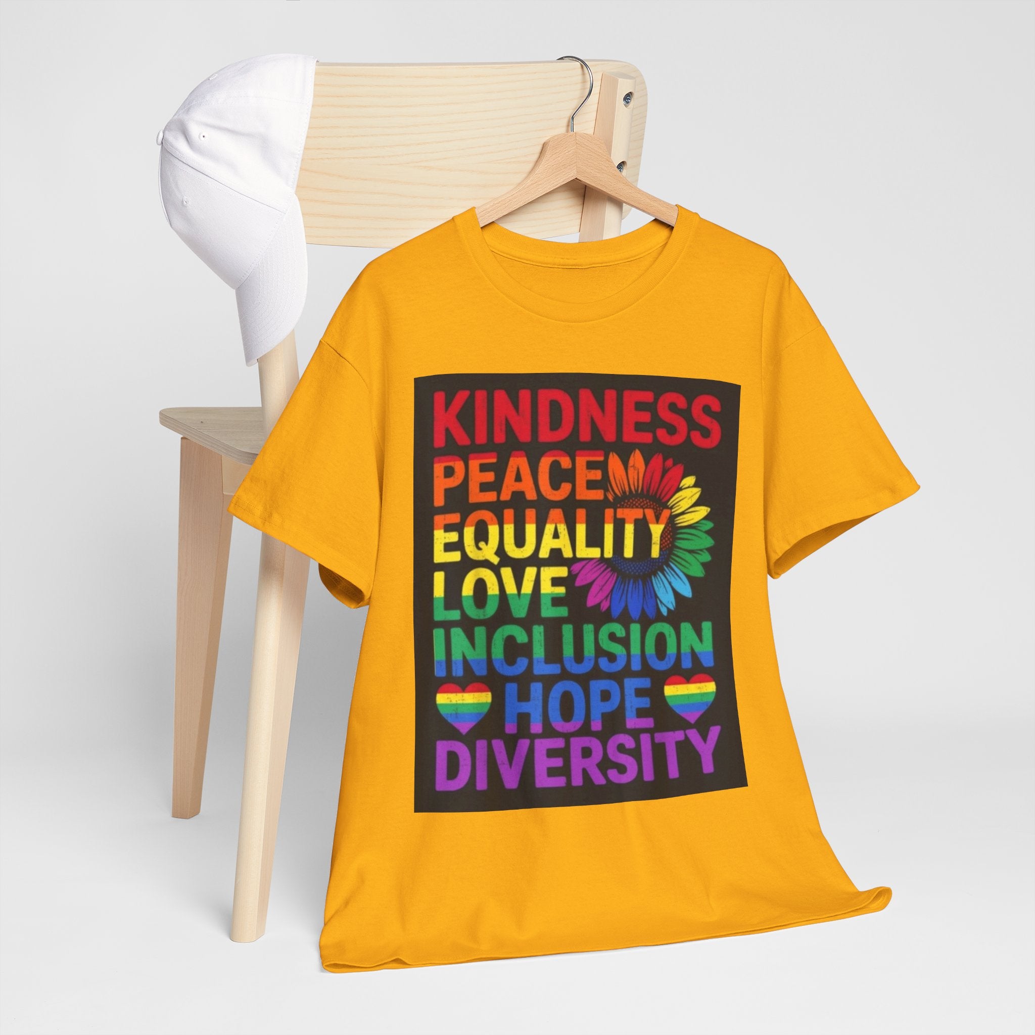 Kindness Peace Equality Rainbow T-Shirt — Pride Inclusion & Diversity Tee