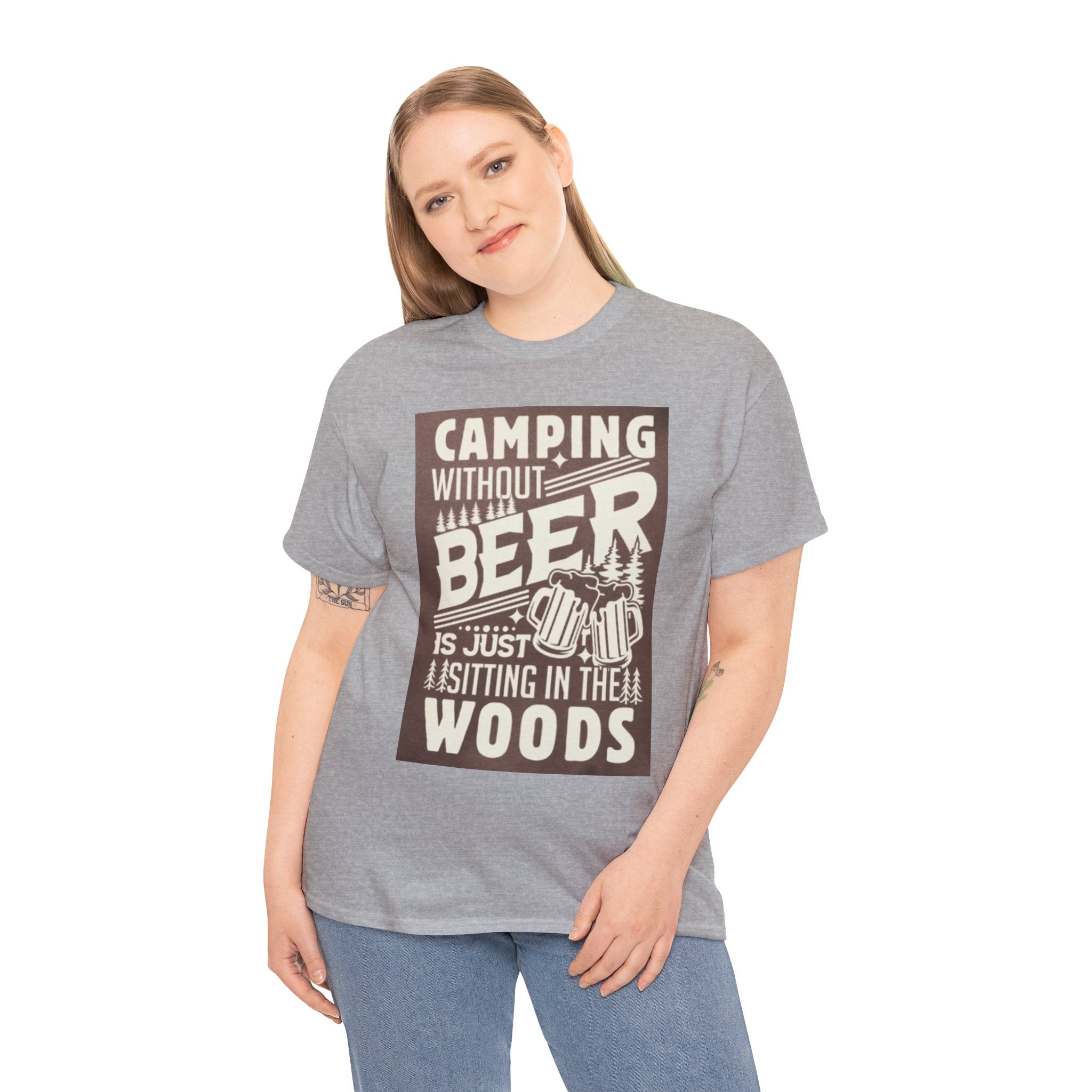 Camping Beer T-Shirt — "Camping Without Beer Is Just Sitting in the Woods" Outdoor Campfire Tee