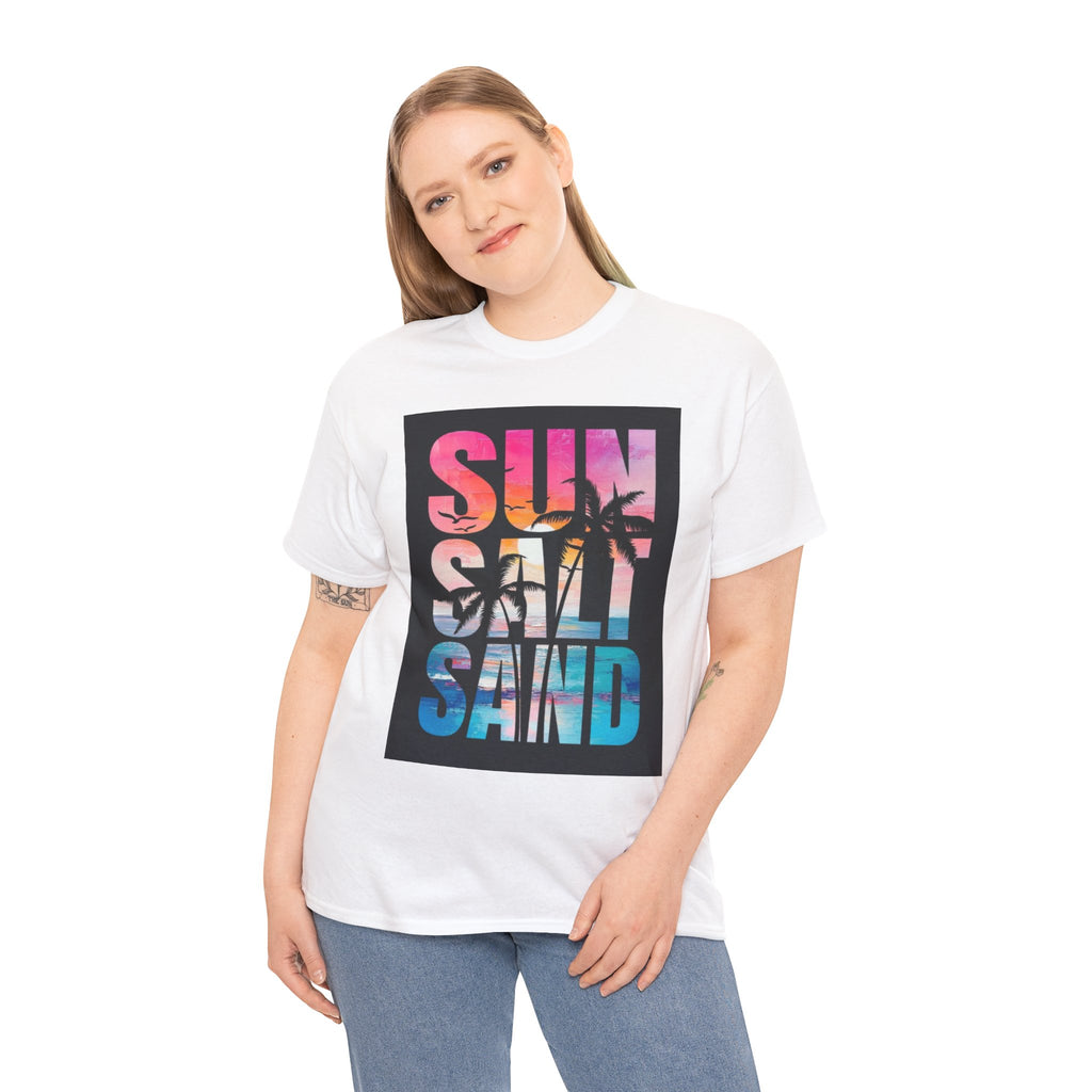 Sun Salt Sand Beach T-Shirt — Tropical Palm Sunset Graphic Tee