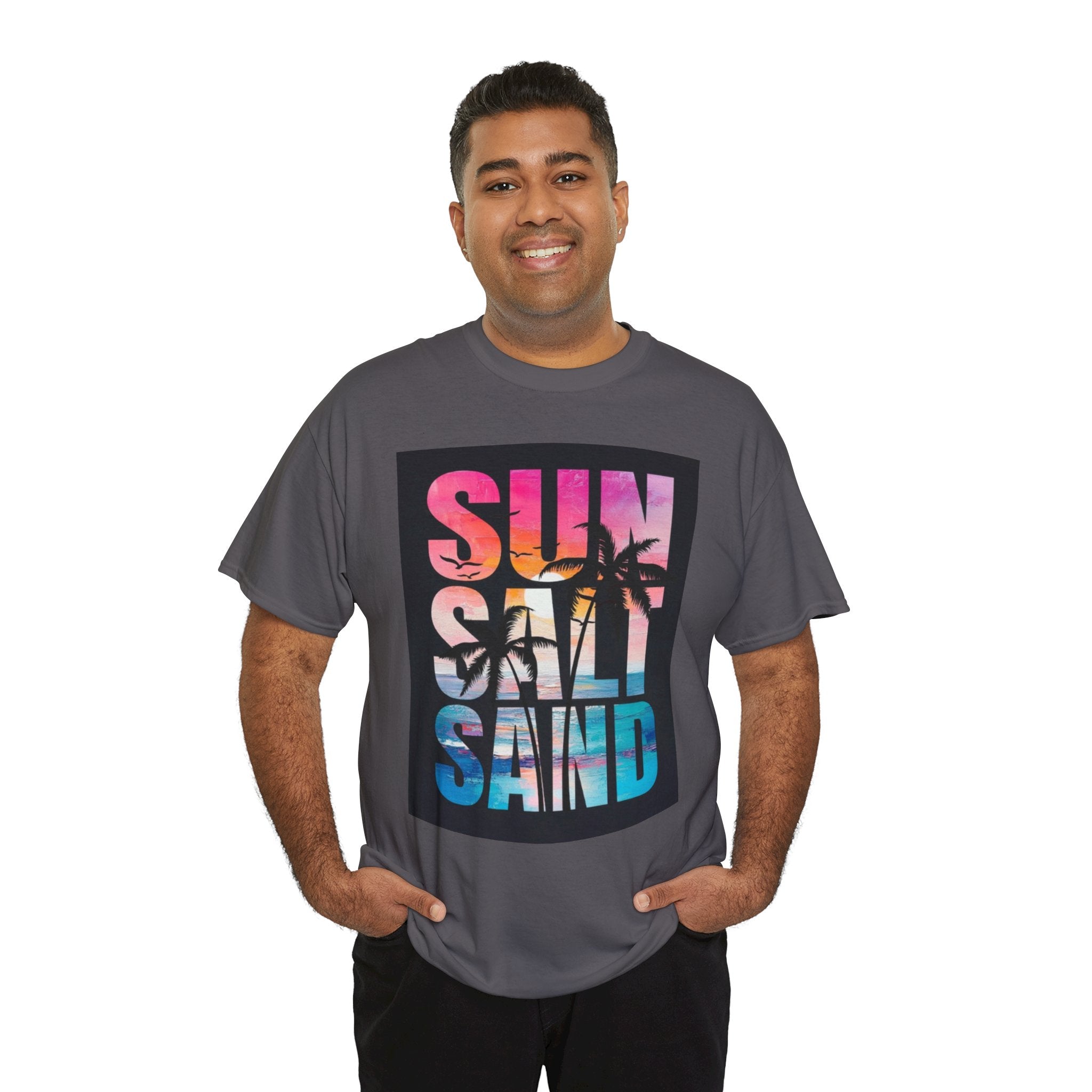 Sun Salt Sand Beach T-Shirt — Tropical Palm Sunset Graphic Tee
