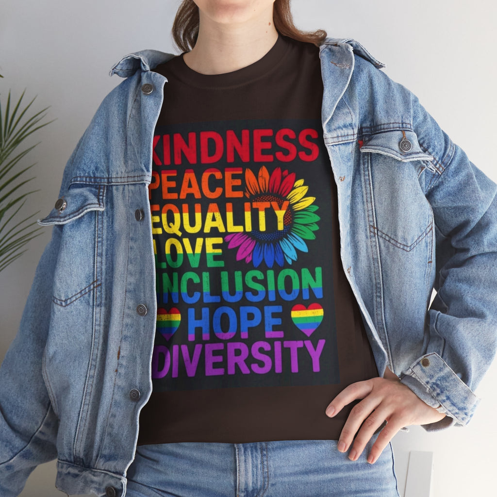 Kindness Peace Equality Rainbow T-Shirt — Pride Inclusion & Diversity Tee