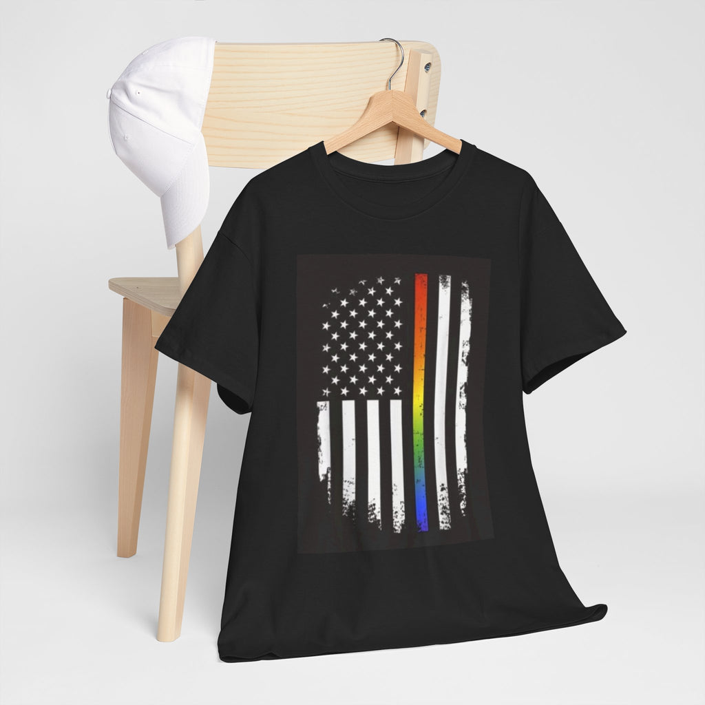 LGBTQ+ Pride Flag T‑Shirt — Distressed American Flag with Rainbow Stripe