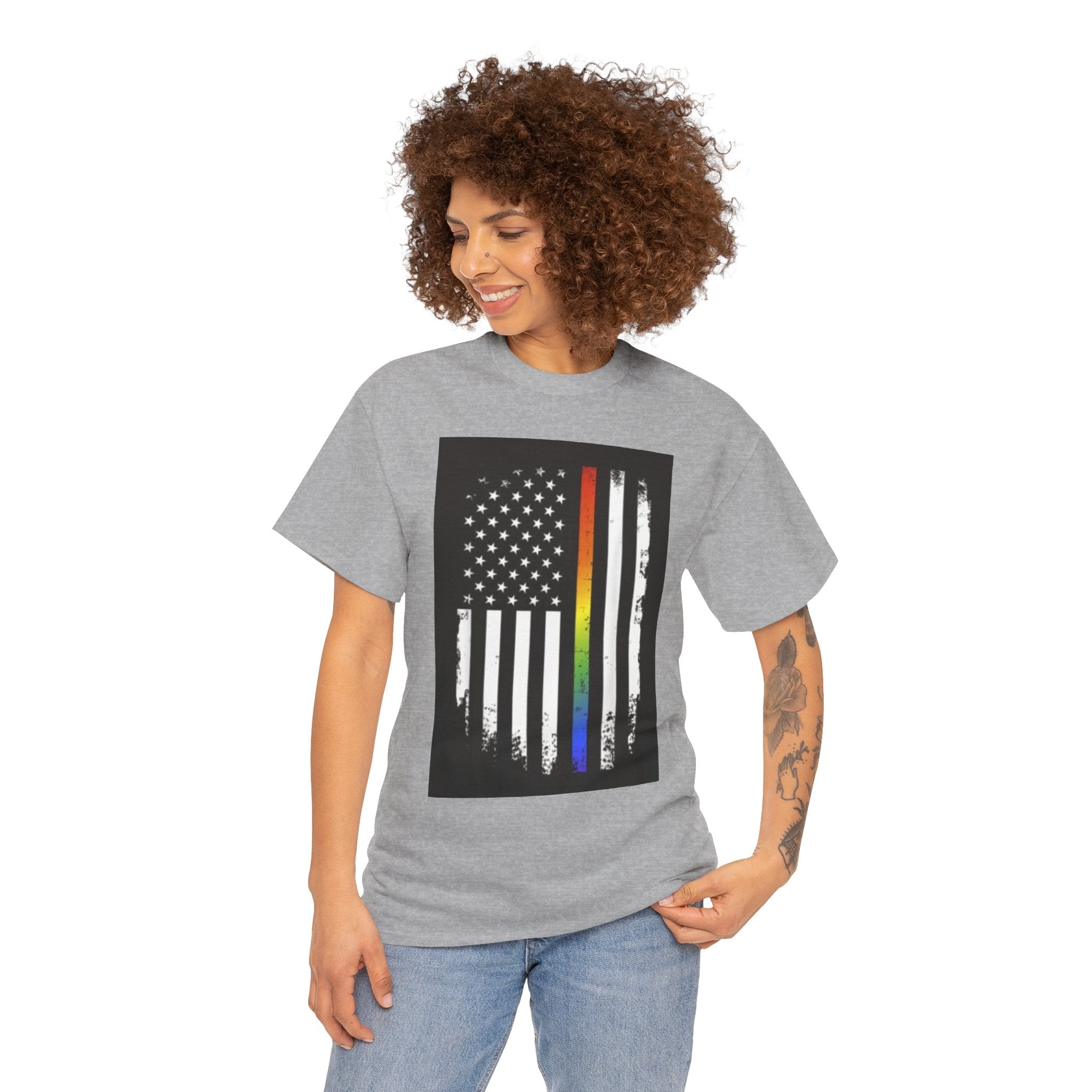 LGBTQ+ Pride Flag T‑Shirt — Distressed American Flag with Rainbow Stripe