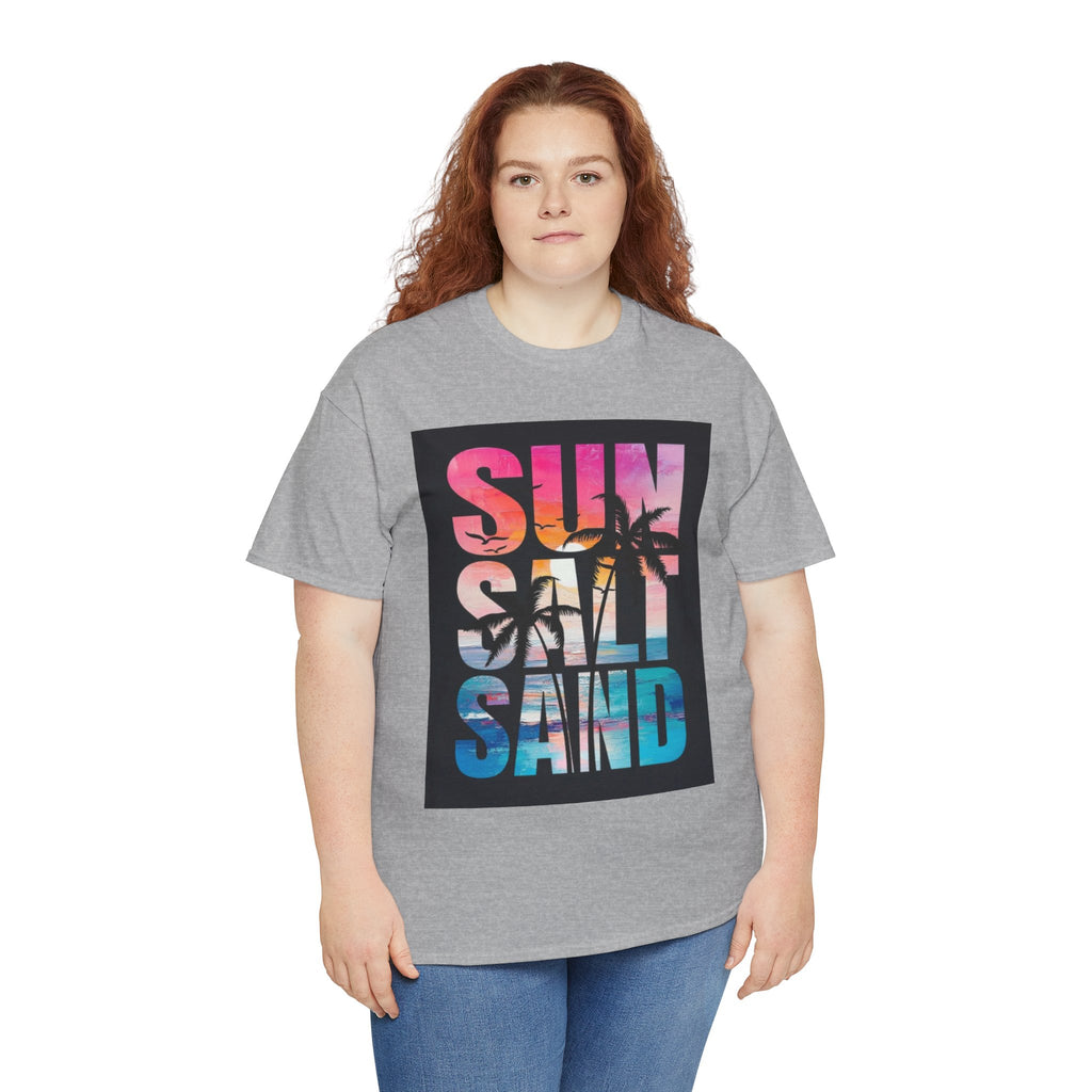 Sun Salt Sand Beach T-Shirt — Tropical Palm Sunset Graphic Tee