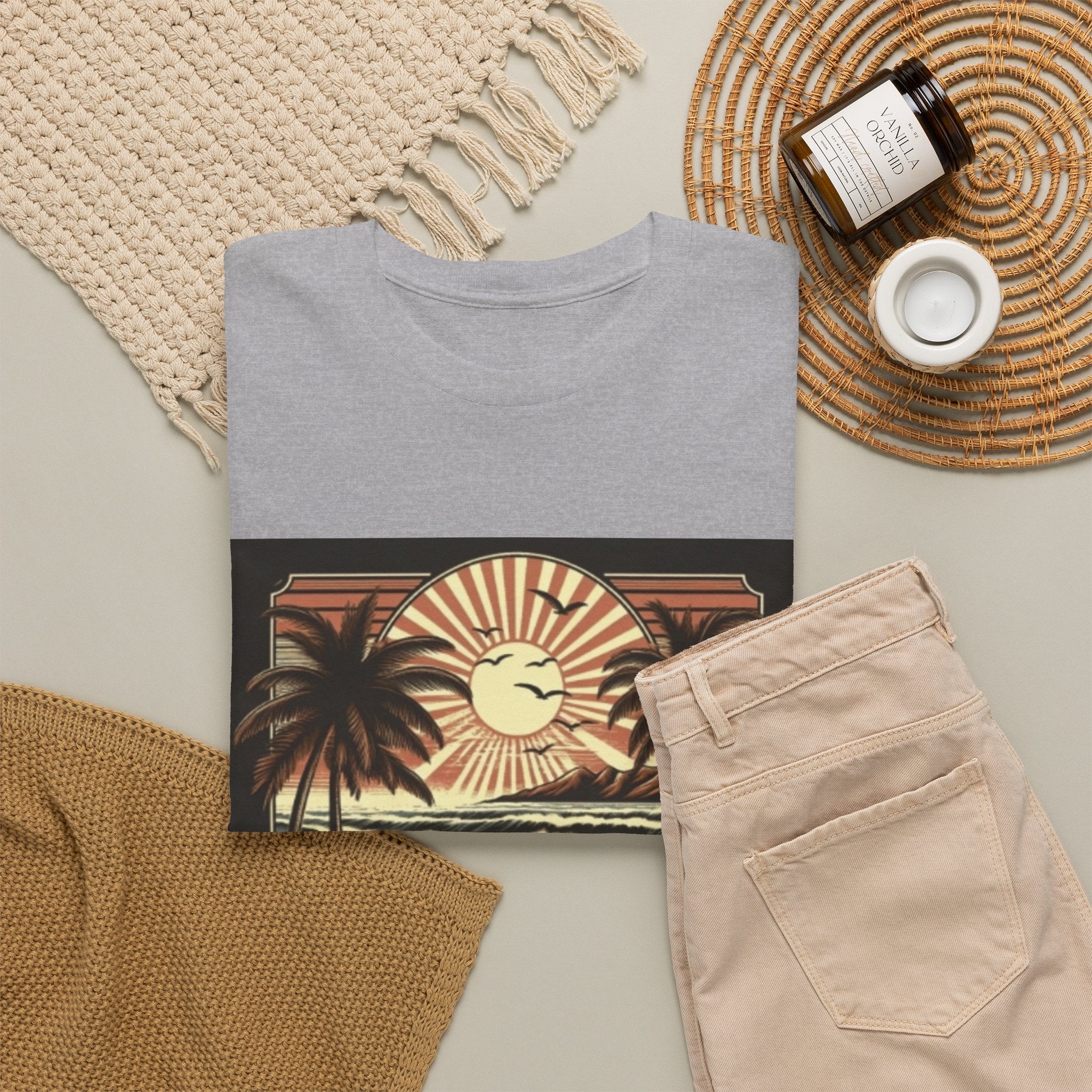 Retro Tropical Beach T-Shirt — Vintage Palm Sunset Graphic Tee