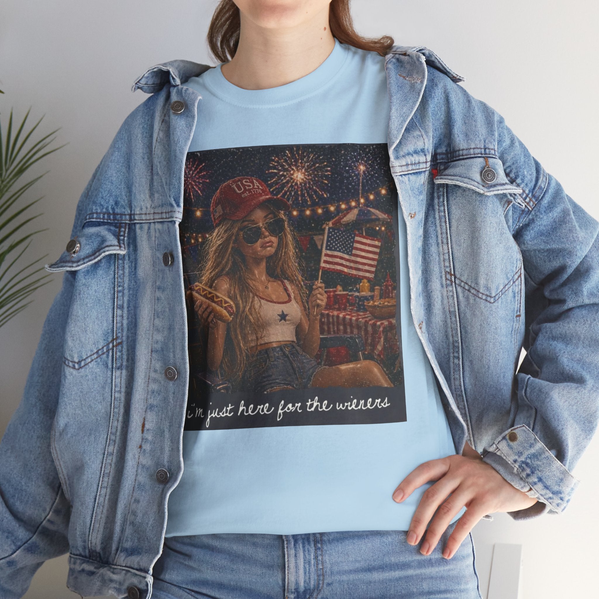 Patriotic Girl Graphic Tee — "I'm Just Here for the Fireworks" 4th of July Shirt