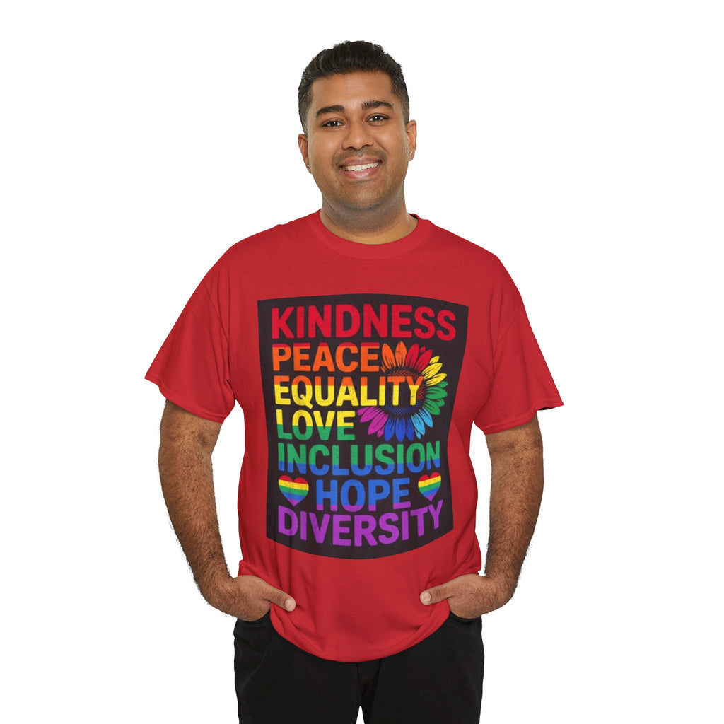 Kindness Peace Equality Rainbow T-Shirt — Pride Inclusion & Diversity Tee