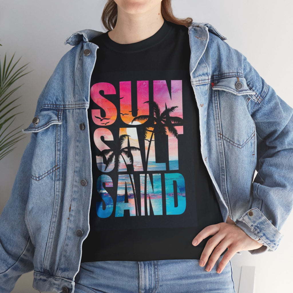 Sun Salt Sand Beach T-Shirt — Tropical Palm Sunset Graphic Tee