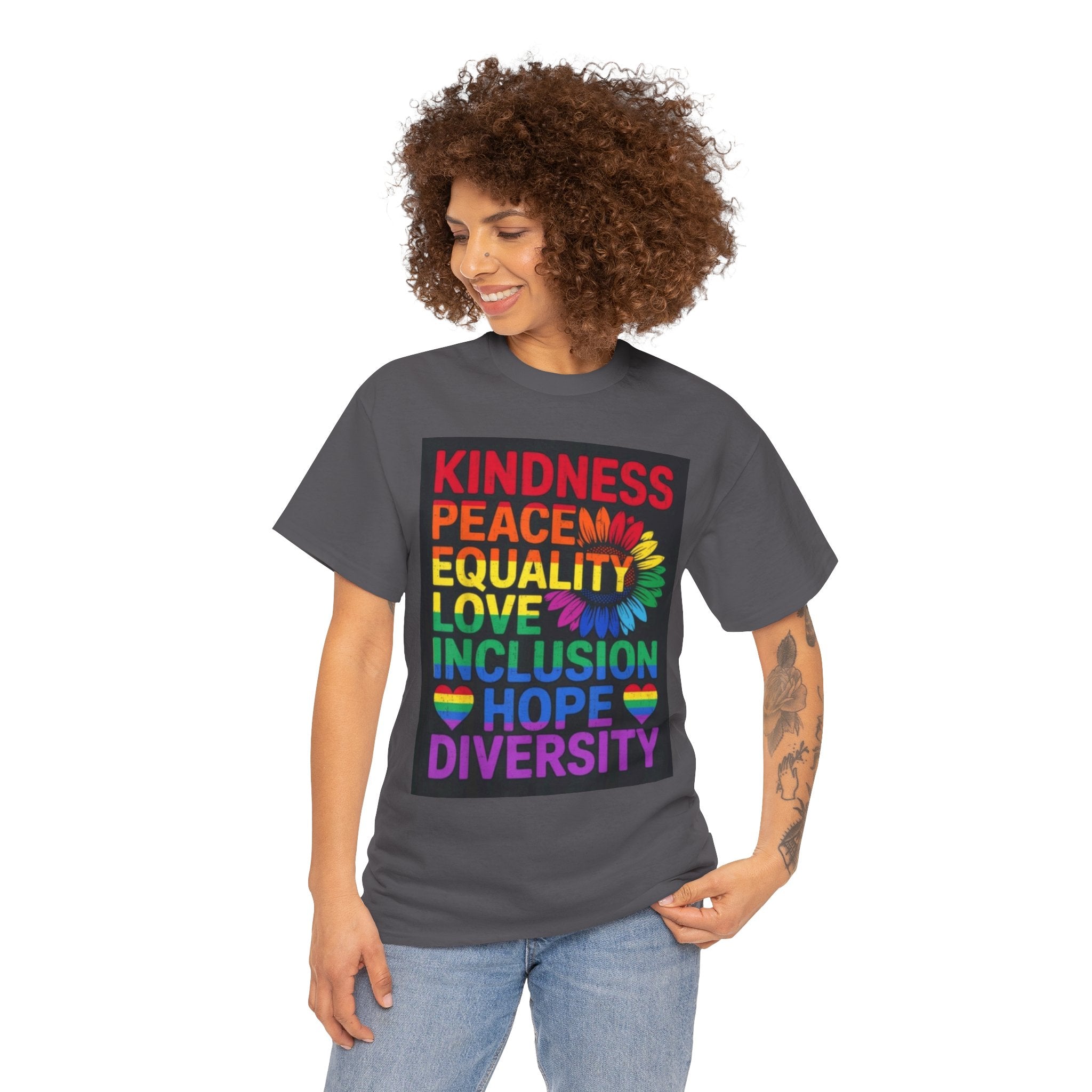 Kindness Peace Equality Rainbow T-Shirt — Pride Inclusion & Diversity Tee