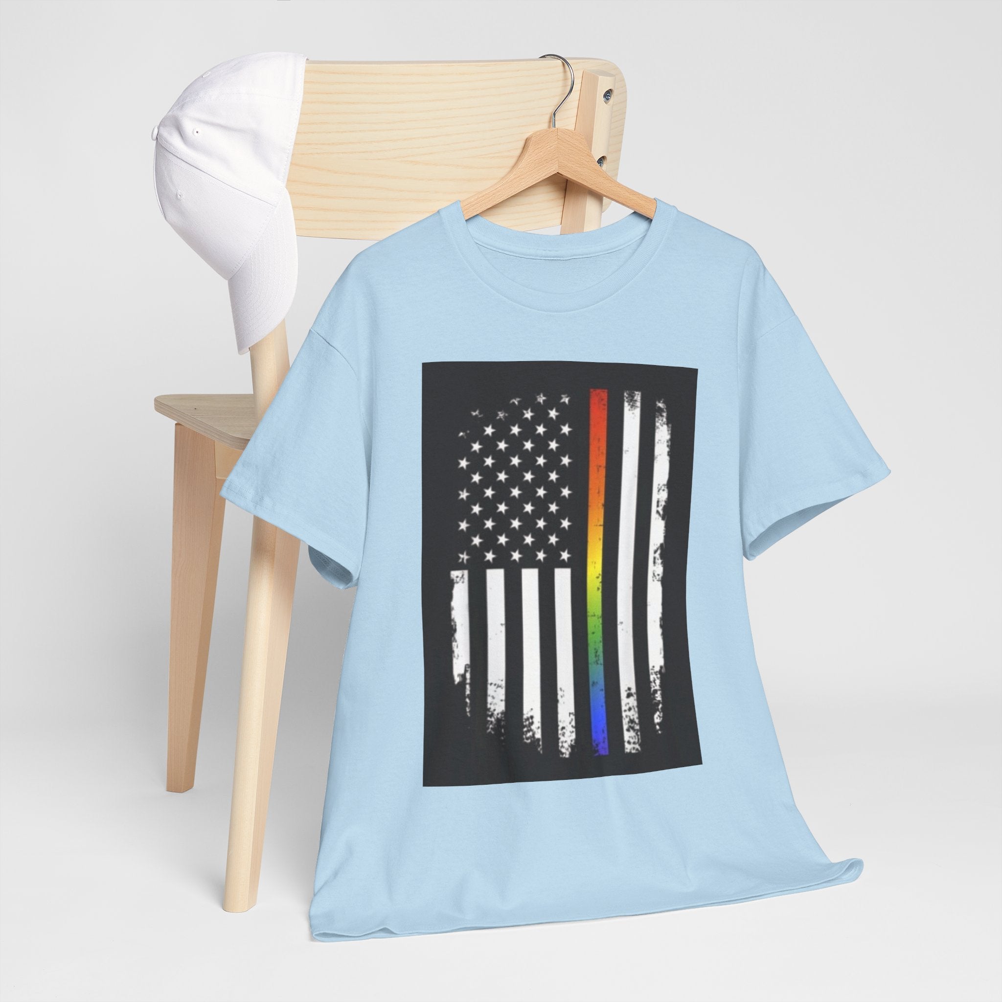 LGBTQ+ Pride Flag T‑Shirt — Distressed American Flag with Rainbow Stripe