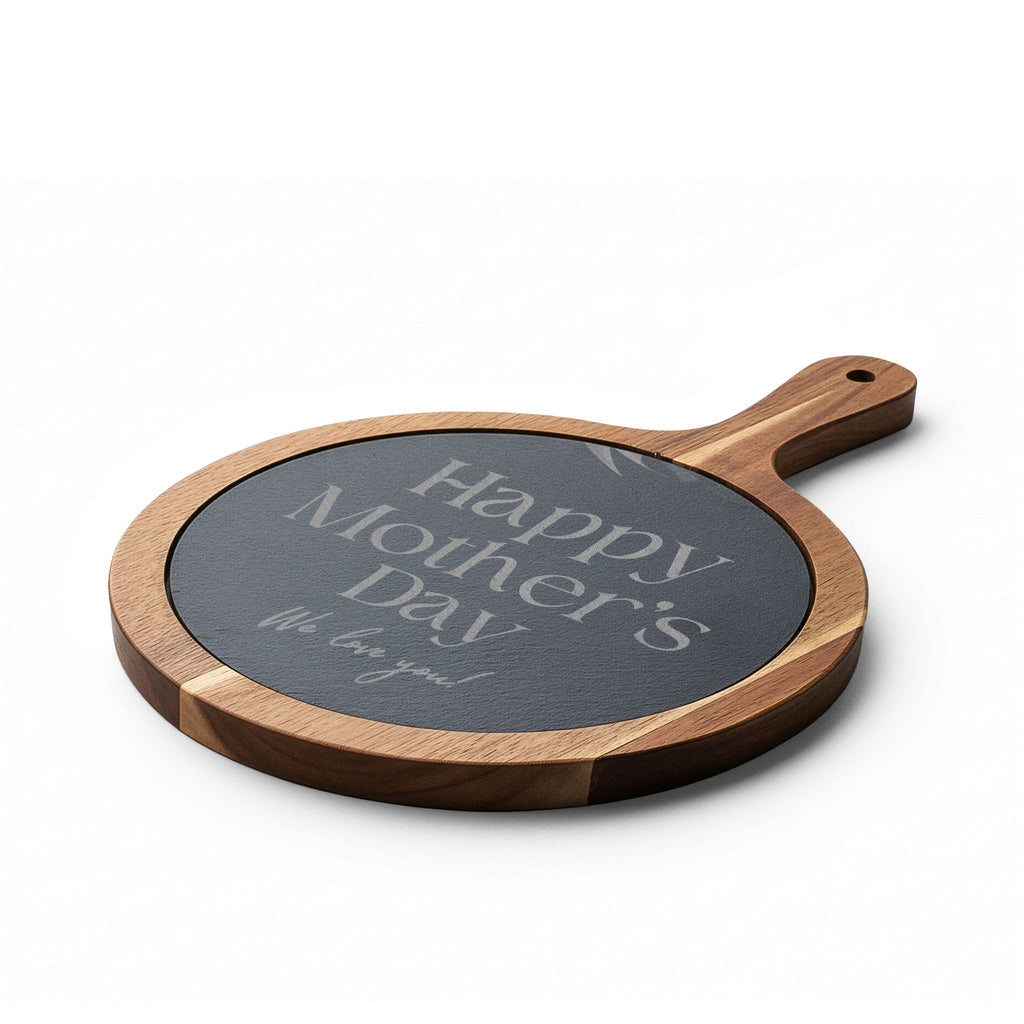 Engraved Mother's Day Charcuterie Board Set — Bamboo Cheese Board with Slate Inlay & Cheese Knives