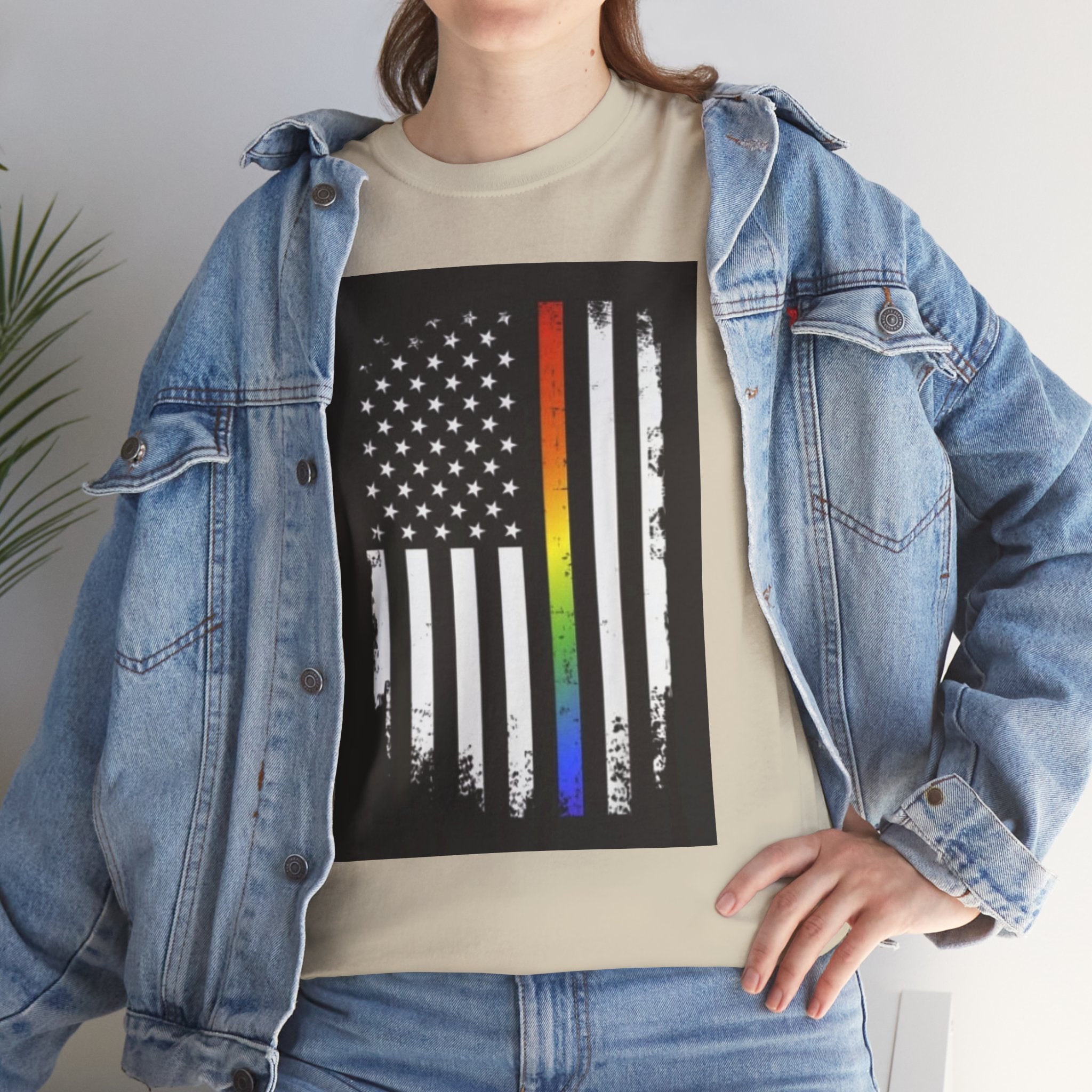 LGBTQ+ Pride Flag T‑Shirt — Distressed American Flag with Rainbow Stripe