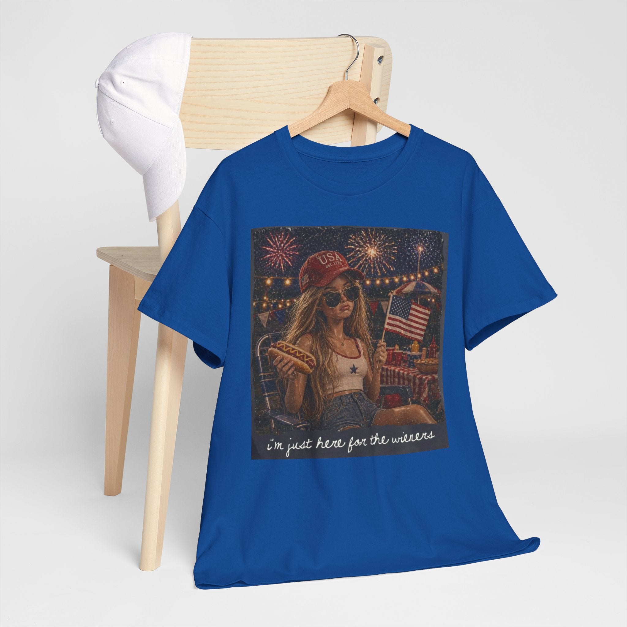 Patriotic Girl Graphic Tee — "I'm Just Here for the Fireworks" 4th of July Shirt