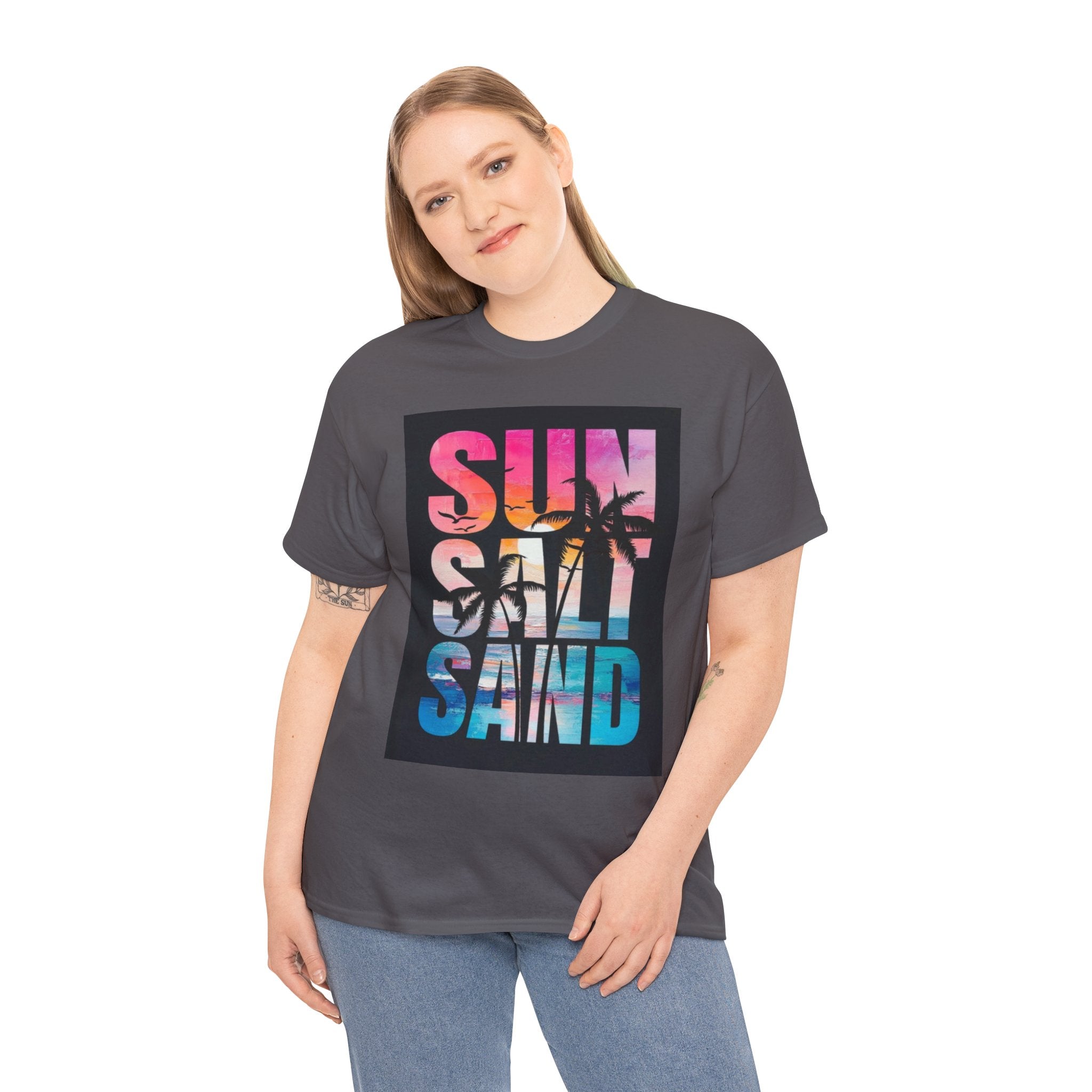 Sun Salt Sand Beach T-Shirt — Tropical Palm Sunset Graphic Tee