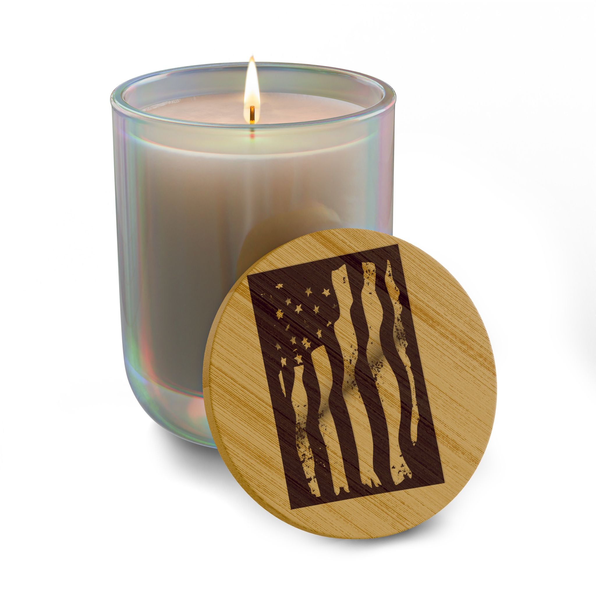 Engraved American Flag Soy Candle — 14oz Scented Candle with Bamboo Lid