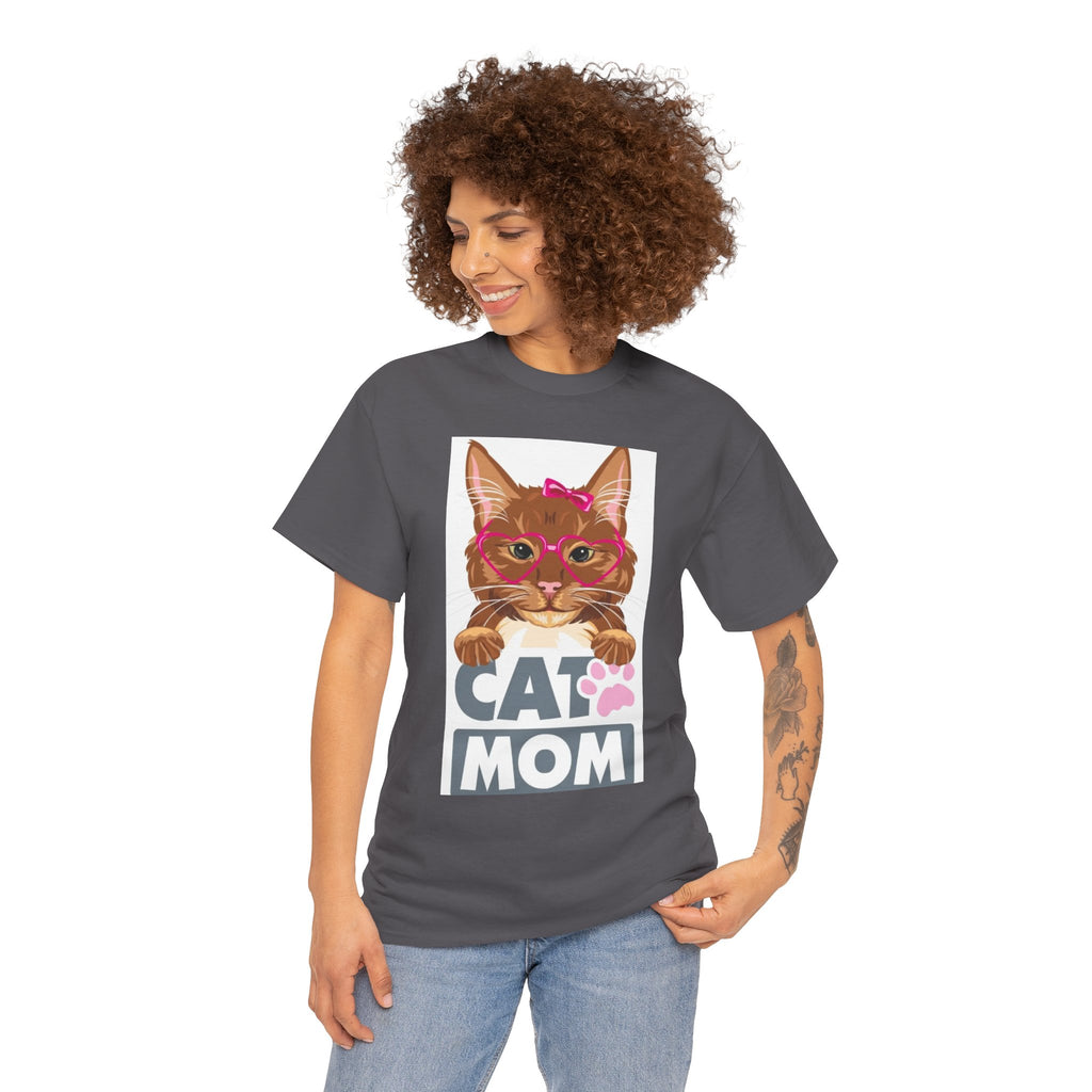 Cat Mom T-Shirt — Cute Cat Face Graphic Tee with "CAT MOM" Paw Print