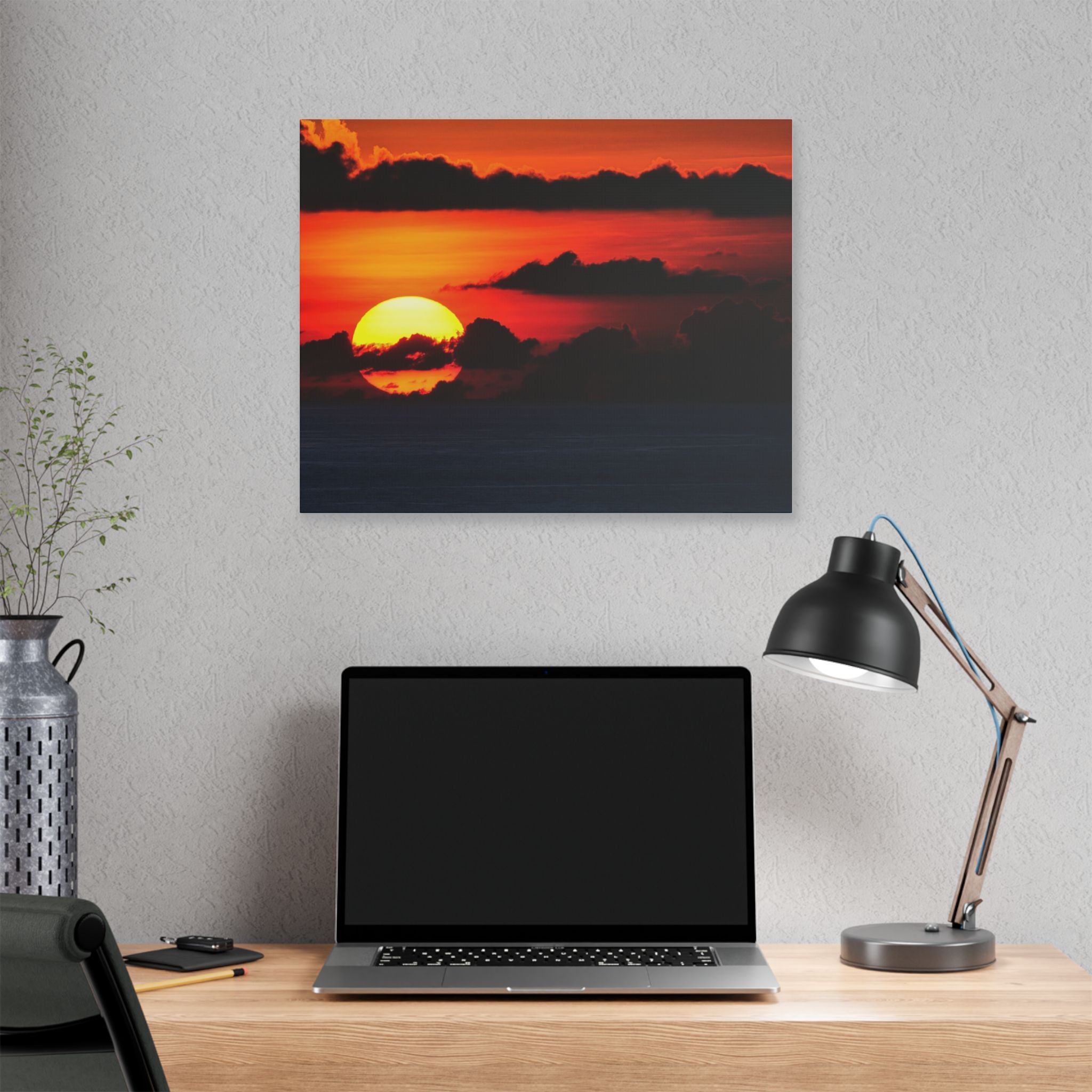 Sunset Ocean Canvas Print — Dramatic Red Sunset Wall Art