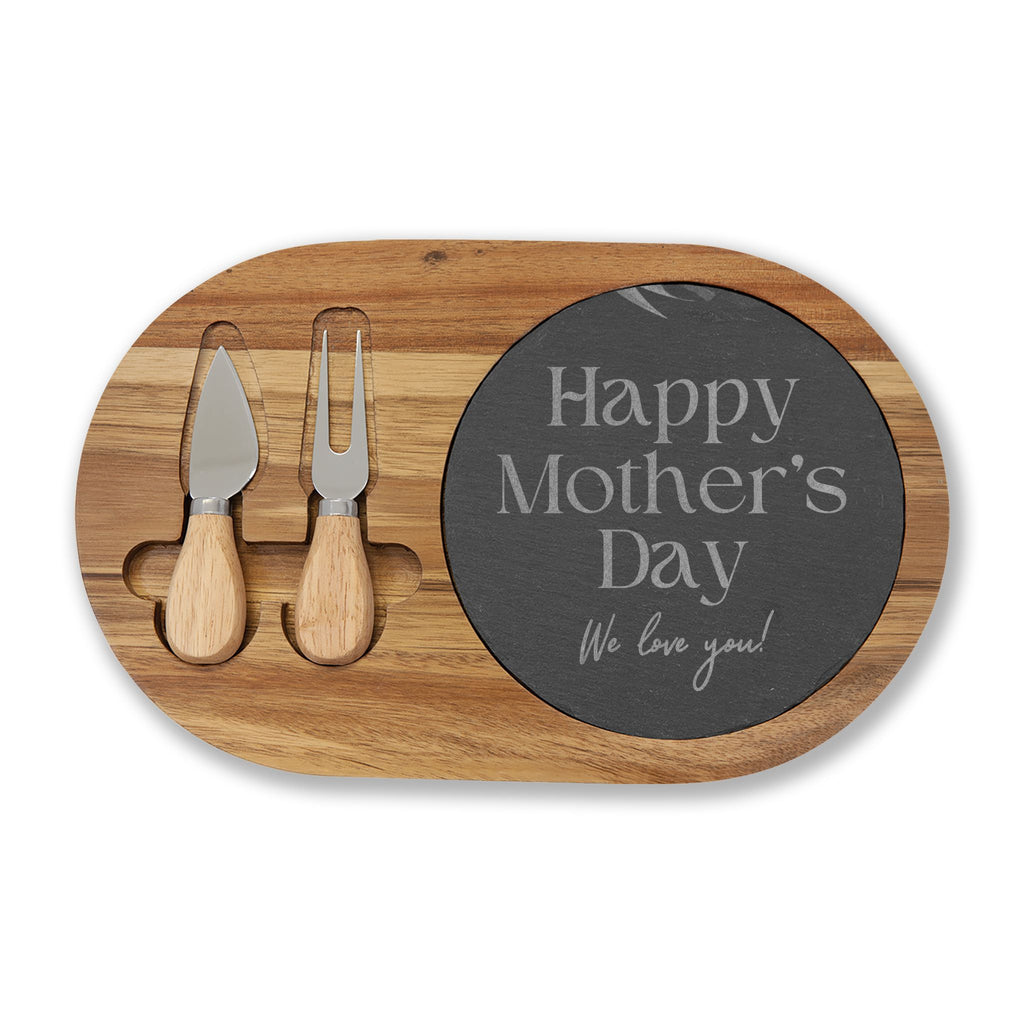 Engraved Mother's Day Charcuterie Board Set — Bamboo Cheese Board with Slate Inlay & Cheese Knives