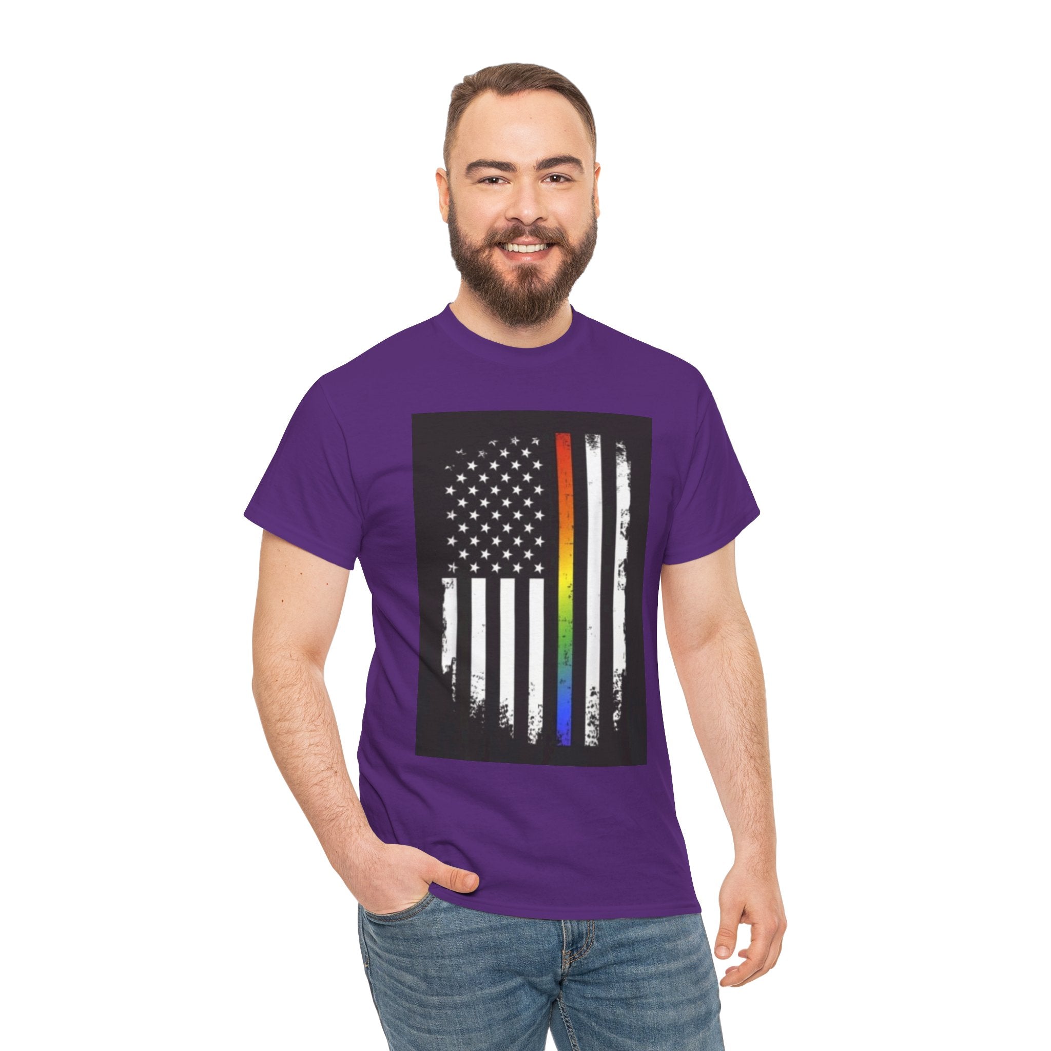LGBTQ+ Pride Flag T‑Shirt — Distressed American Flag with Rainbow Stripe