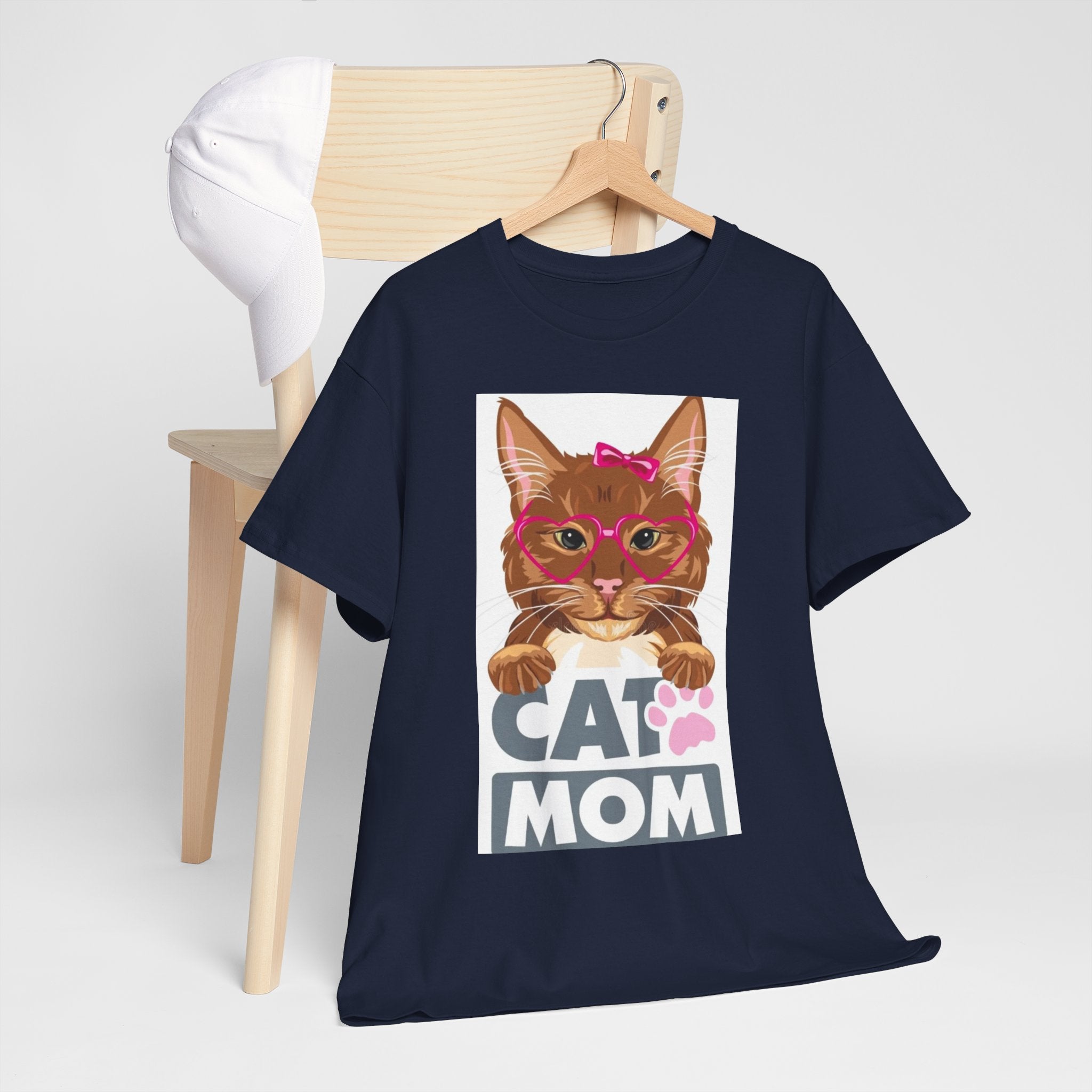 Cat Mom T-Shirt — Cute Cat Face Graphic Tee with "CAT MOM" Paw Print