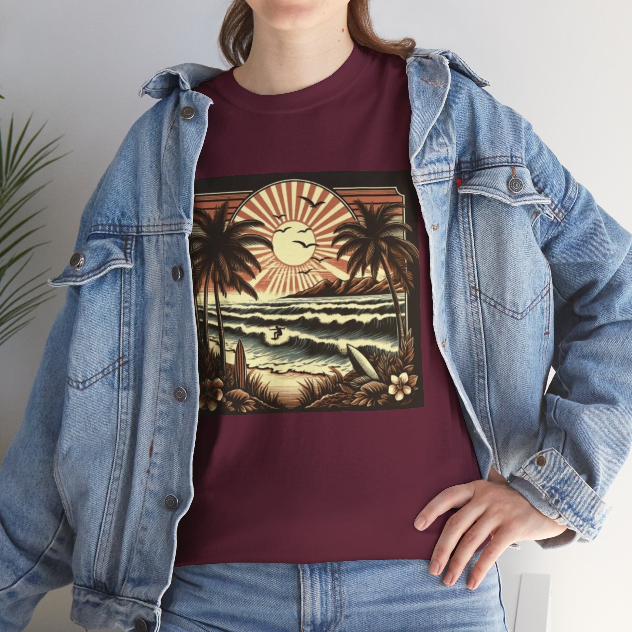 Retro Tropical Beach T-Shirt — Vintage Palm Sunset Graphic Tee