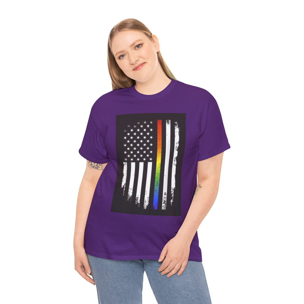 LGBTQ+ Pride Flag T‑Shirt — Distressed American Flag with Rainbow Stripe