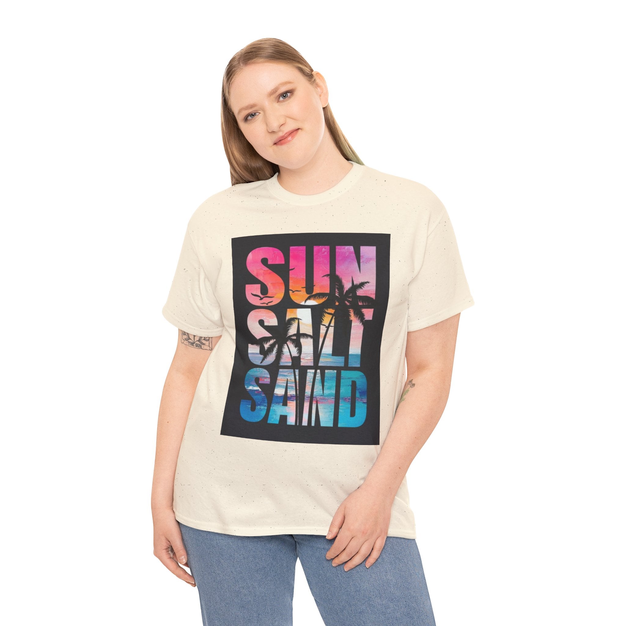 Sun Salt Sand Beach T-Shirt — Tropical Palm Sunset Graphic Tee