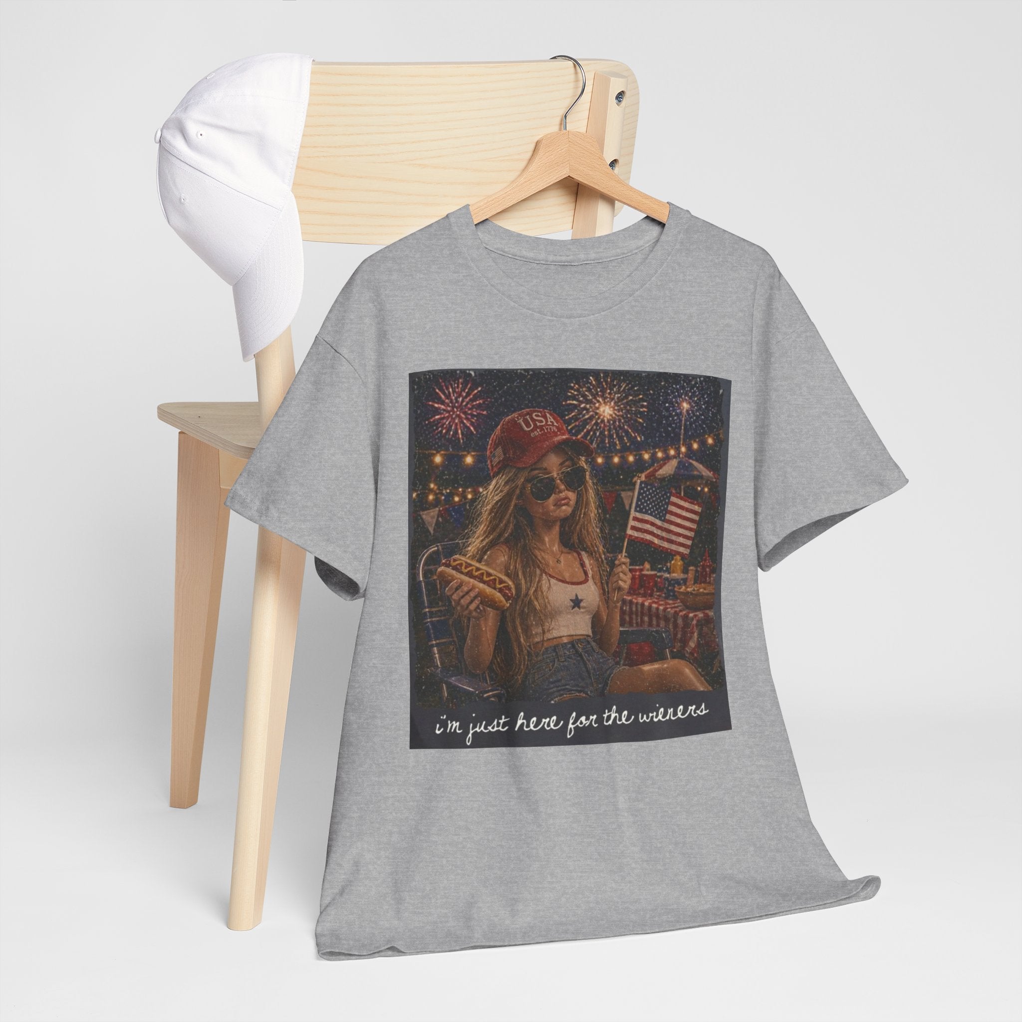 Patriotic Girl Graphic Tee — "I'm Just Here for the Fireworks" 4th of July Shirt