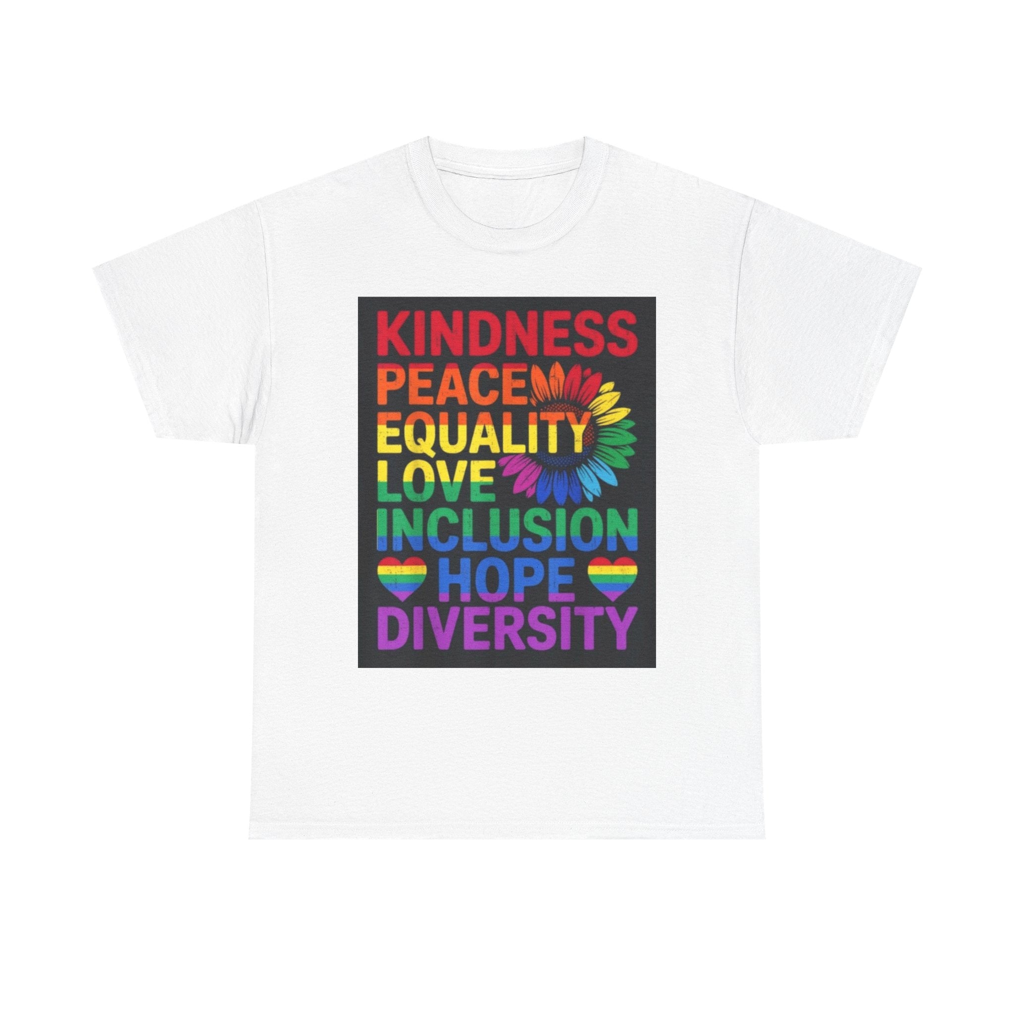 Kindness Peace Equality Rainbow T-Shirt — Pride Inclusion & Diversity Tee