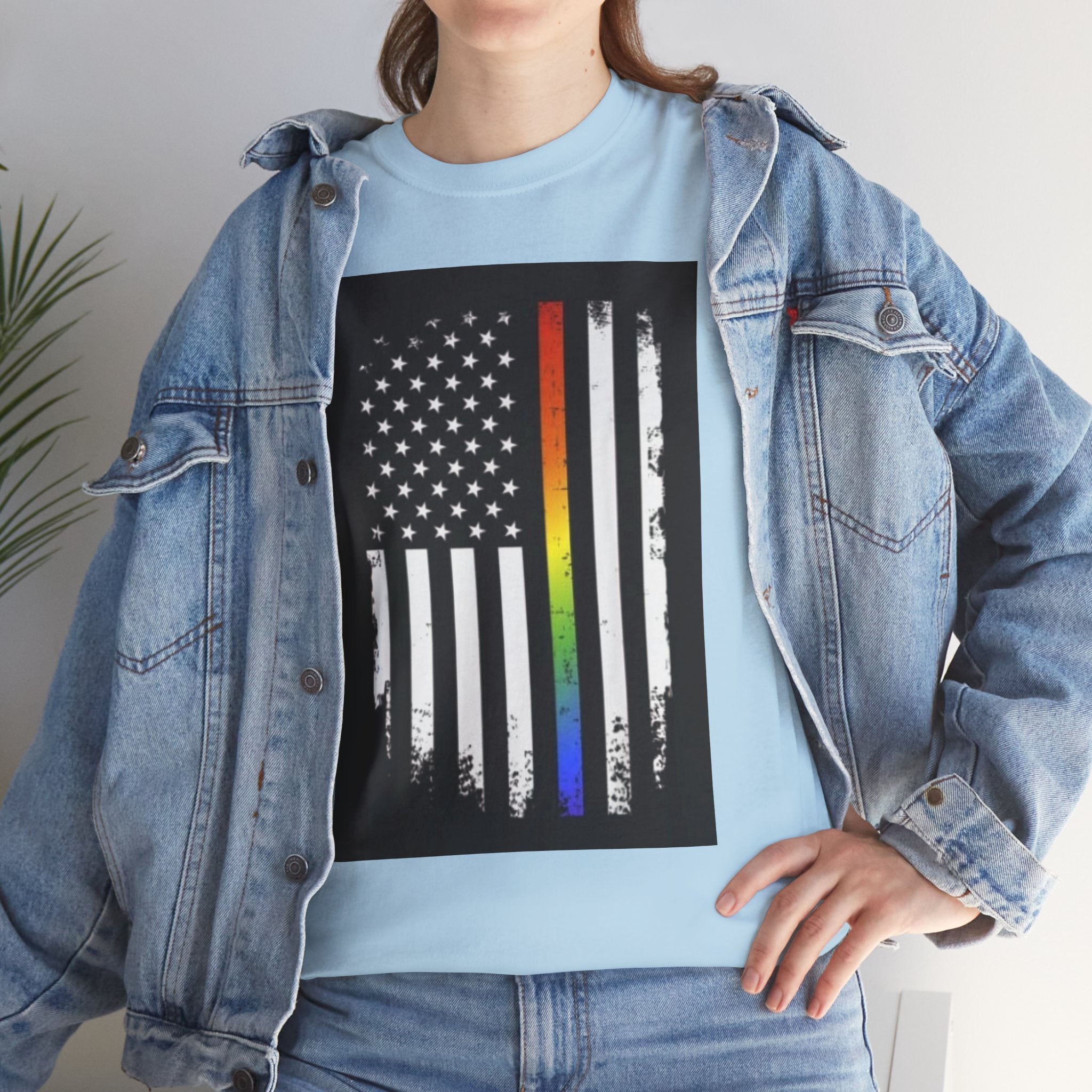 LGBTQ+ Pride Flag T‑Shirt — Distressed American Flag with Rainbow Stripe