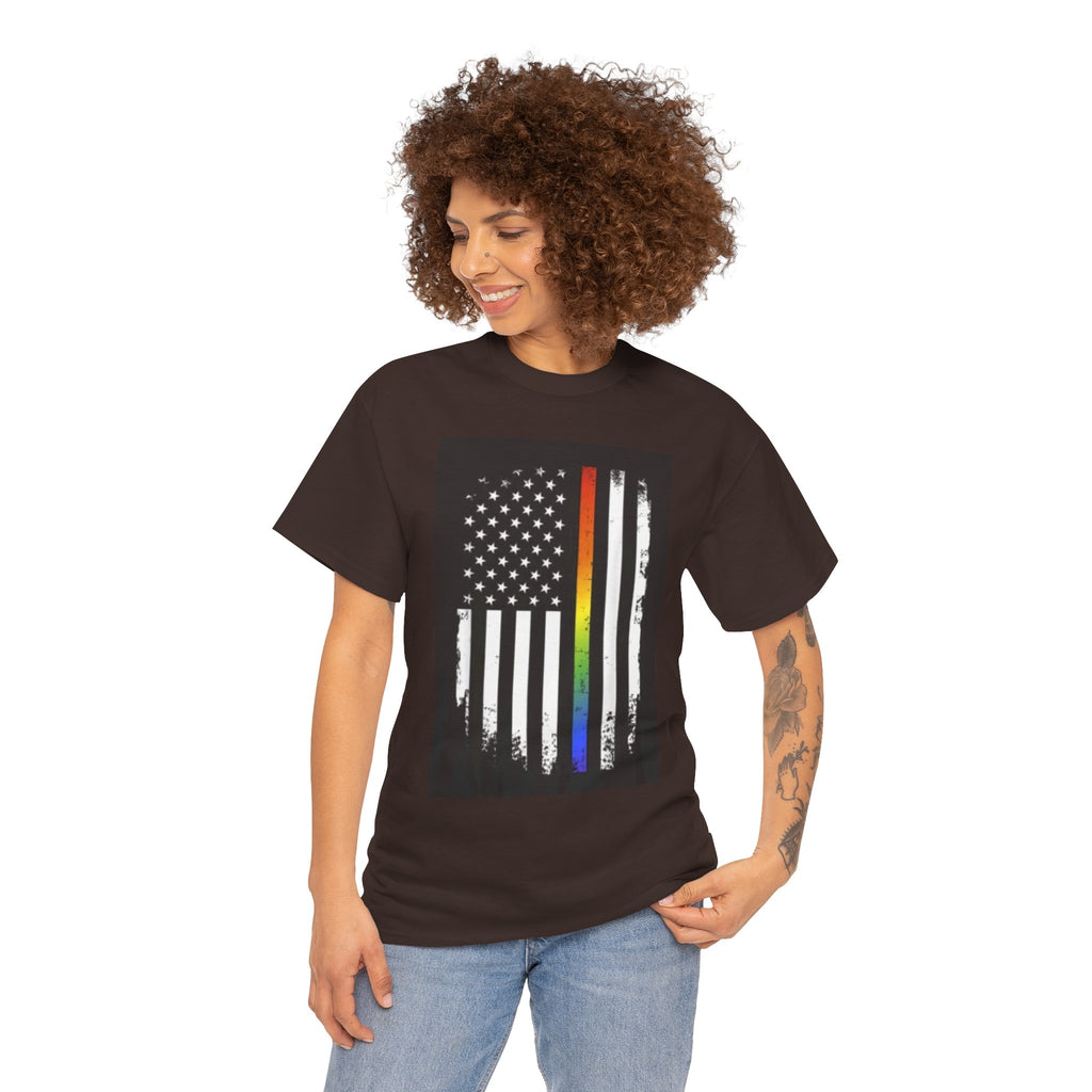 LGBTQ+ Pride Flag T‑Shirt — Distressed American Flag with Rainbow Stripe