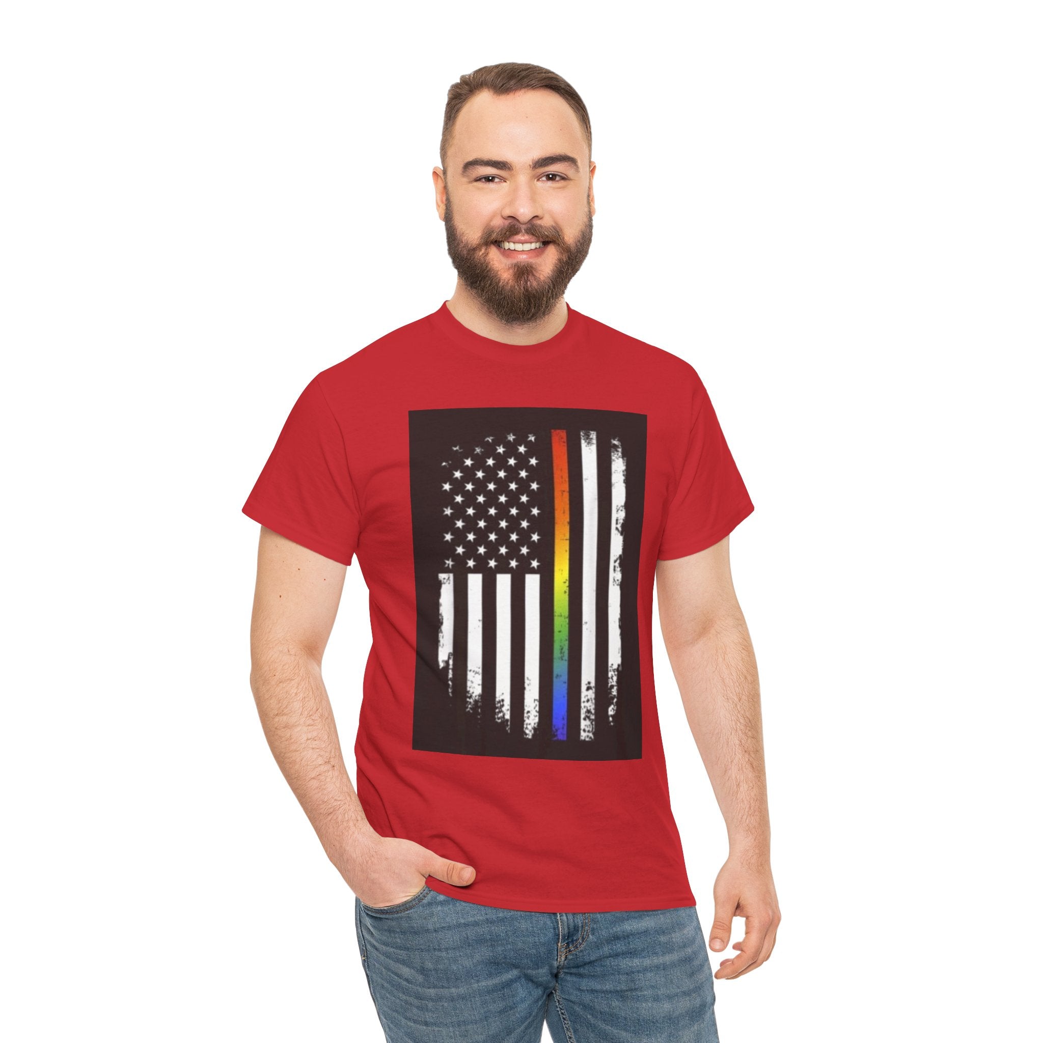 LGBTQ+ Pride Flag T‑Shirt — Distressed American Flag with Rainbow Stripe