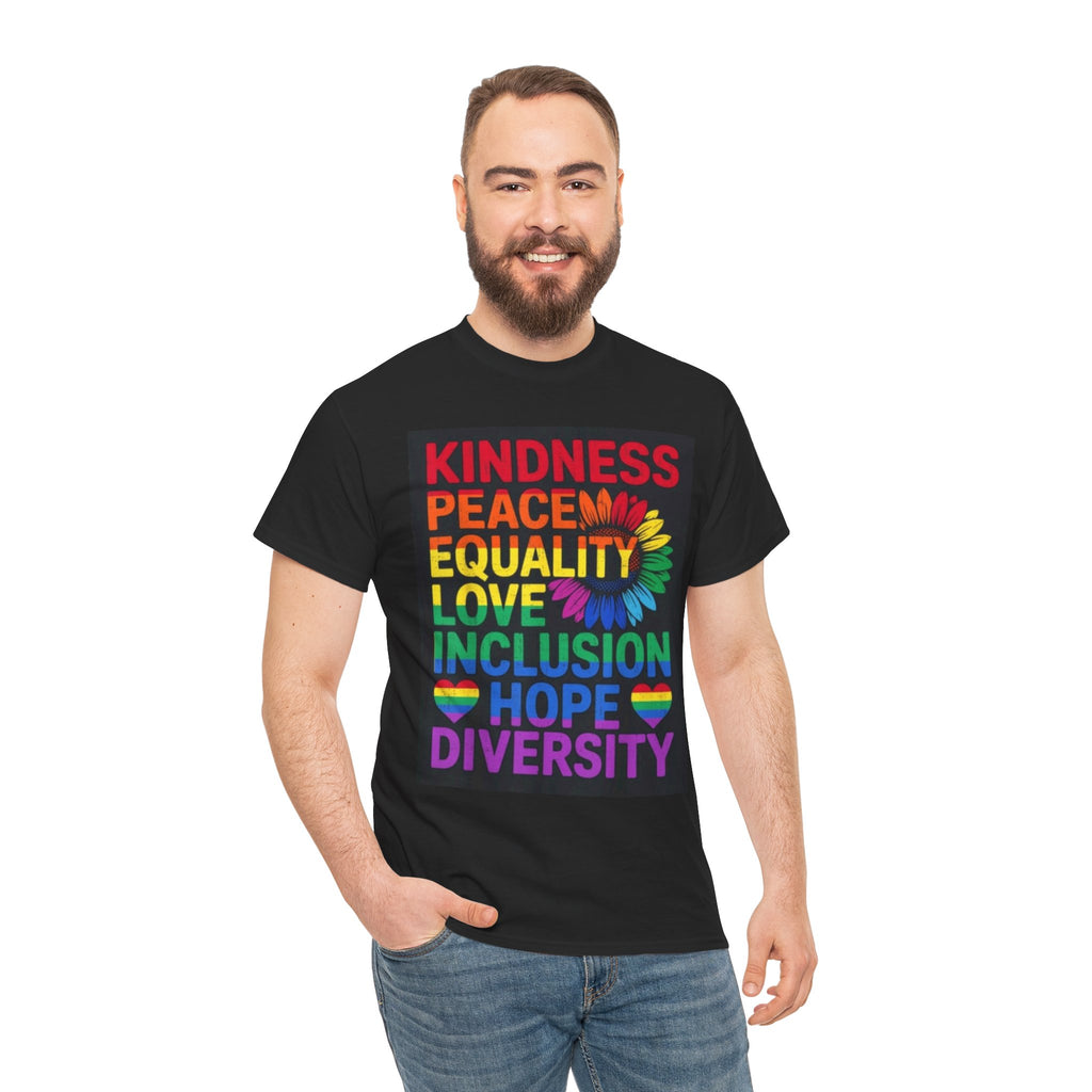 Kindness Peace Equality Rainbow T-Shirt — Pride Inclusion & Diversity Tee