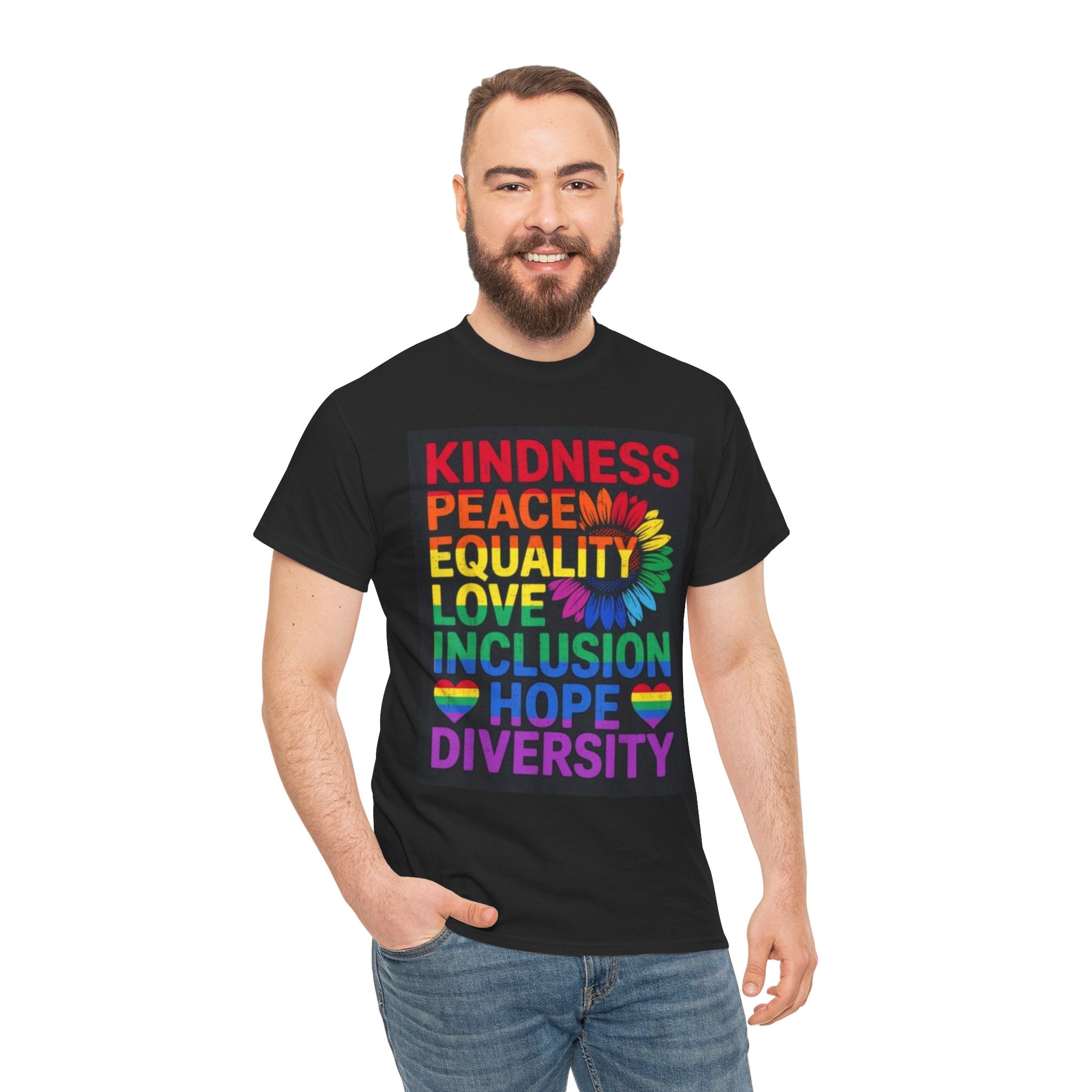 Kindness Peace Equality Rainbow T-Shirt — Pride Inclusion & Diversity Tee