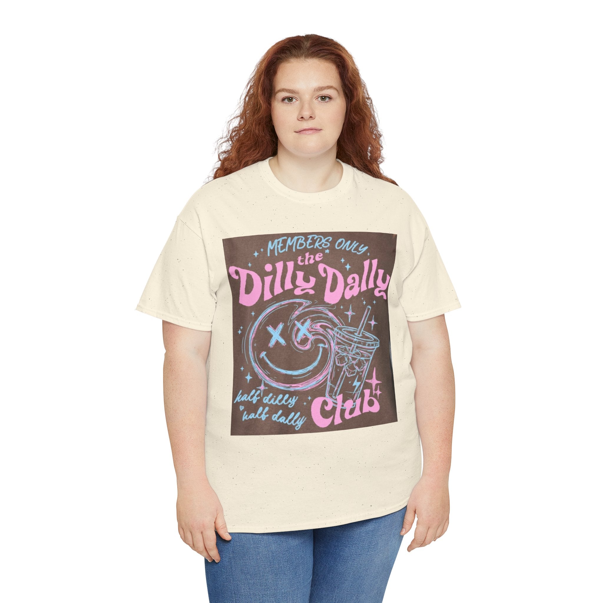 Dilly Dally Club Graphic Tee — Retro Pastel Drink & Moon Design