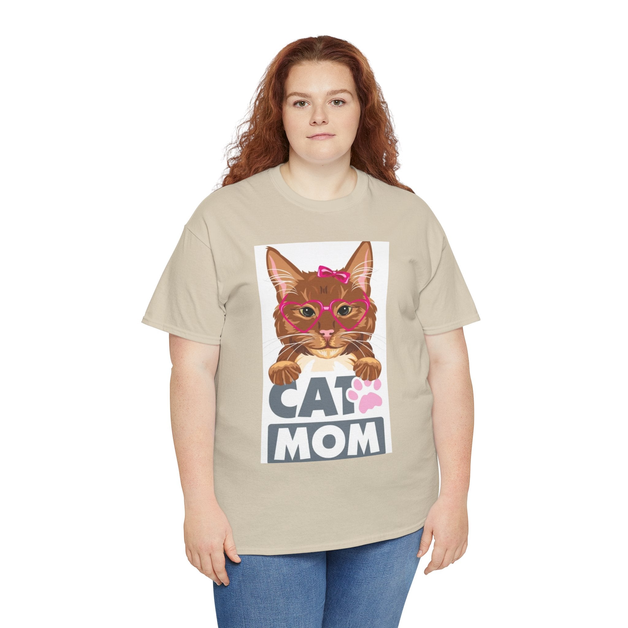 Cat Mom T-Shirt — Cute Cat Face Graphic Tee with "CAT MOM" Paw Print