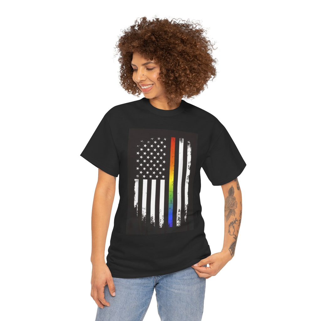LGBTQ+ Pride Flag T‑Shirt — Distressed American Flag with Rainbow Stripe