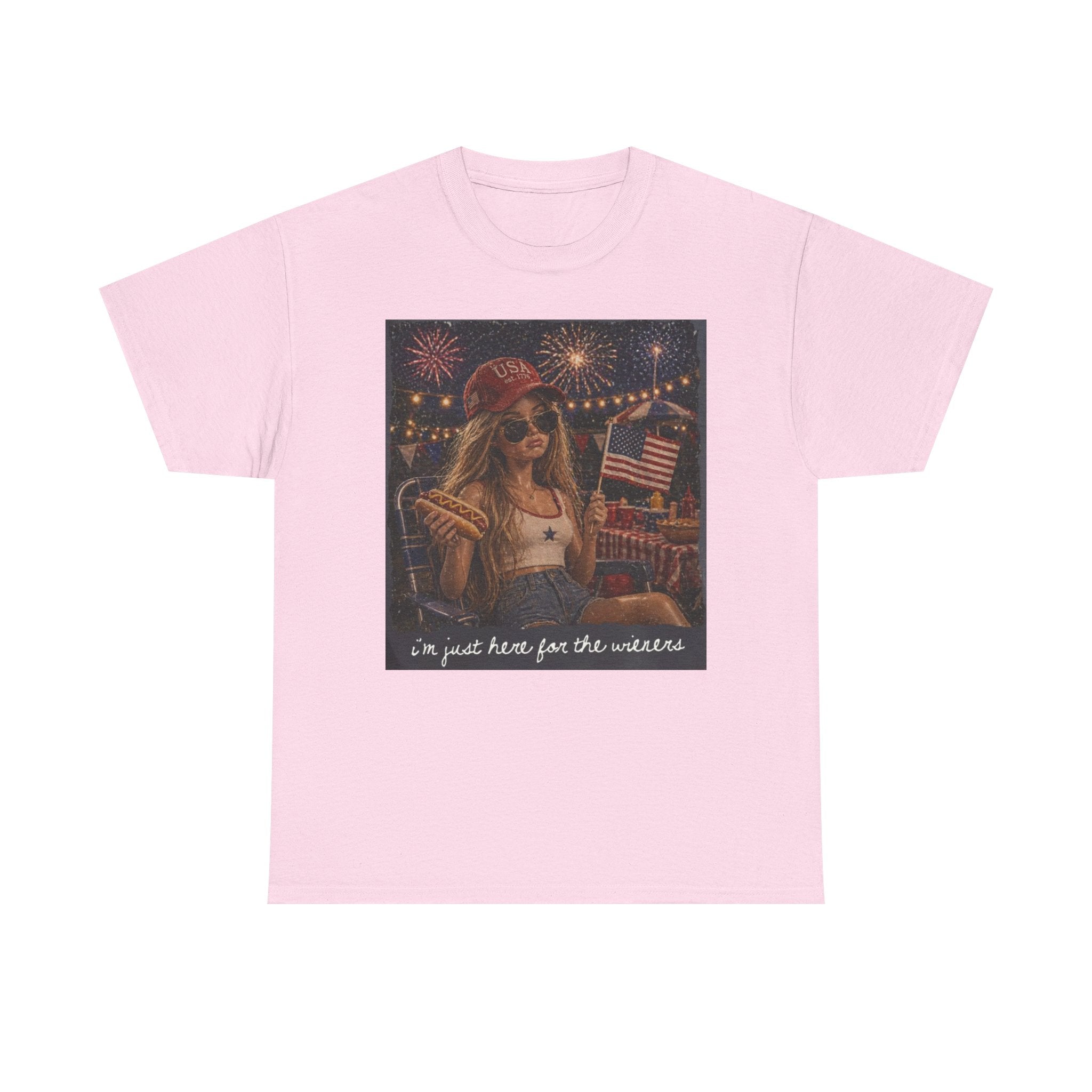 Patriotic Girl Graphic Tee — "I'm Just Here for the Fireworks" 4th of July Shirt